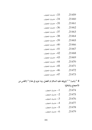 101
21459
.
33
-
.‫ضعيف‬ ‫حديث‬
21460
.
34
-
.‫ضعيف‬ ‫حديث‬
21461
.
35
-
.‫ضعيف‬ ‫حديث‬
21462
.
36
-
.‫ضعيف‬ ‫حديث‬
21463
.
37
-
.‫ضعيف‬ ‫حديث‬
21464
.
38
-
.‫ضعيف‬ ‫حديث‬
21465
.
39
-
.‫ضعيف‬ ‫حديث‬
21466
.
40
-
.‫ضعيف‬ ‫حديث‬
21467
.
41
-
.‫ضعيف‬ ‫حديث‬
21468
.
42
-
.‫ضعيف‬ ‫حديث‬
21469
.
43
-
.‫ضعيف‬ ‫حديث‬
21470
.
44
-
.‫ضعيف‬ ‫حديث‬
21471
.
45
-
.‫ضعيف‬ ‫حديث‬
21472
.
46
-
.‫ضعيف‬ ‫حديث‬
21473
.
47
-
.‫ضعيف‬ ‫حديث‬
4
‫من‬ ‫(اجمللس‬ * )‫هذا‬ ‫يف‬ ‫جرى‬ ‫وما‬ ،‫الفضل‬ ‫ام‬ ‫السالم‬ ‫عليه‬ ‫(تزوجيه‬ * * )‫(ابب‬ *
‫واملناظرة‬ ‫االحتجاج‬
21474
.
1
-
.‫ضعيف‬ ‫حديث‬
21475
.
2
-
.‫ضعيف‬ ‫حديث‬
21476
.
3
-
.‫ضعيف‬ ‫حديث‬
21477
.
4
-
.‫ضعيف‬ ‫حديث‬
21478
.
5
-
.‫ضعيف‬ ‫حديث‬
21479
.
6
-
.‫ضعيف‬ ‫حديث‬
 