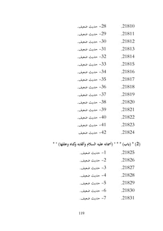 119
21810
.
28
-
.‫ضعيف‬ ‫حديث‬
21811
.
29
-
.‫ضعيف‬ ‫حديث‬
21812
.
30
-
.‫ضعيف‬ ‫حديث‬
21813
.
31
-
.‫ضعيف‬ ‫حديث‬
21814
.
32
-
.‫ضعيف‬ ‫حديث‬
21815
.
33
-
.‫ضعيف‬ ‫حديث‬
21816
.
34
-
.‫ضعيف‬ ‫حديث‬
21817
.
35
-
.‫ضعيف‬ ‫حديث‬
21818
.
36
-
.‫ضعيف‬ ‫حديث‬
21819
.
37
-
.‫ضعيف‬ ‫حديث‬
21820
.
38
-
.‫ضعيف‬ ‫حديث‬
21821
.
39
-
.‫ضعيف‬ ‫حديث‬
21822
.
40
-
.‫ضعيف‬ ‫حديث‬
21823
.
41
-
.‫ضعيف‬ ‫حديث‬
21824
.
42
-
‫ضعيف‬ ‫حديث‬
(
2
‫وألقابه‬ ‫السالم‬ ‫عليه‬ ‫(أمسائه‬ " * * )‫(ابب‬ * )
* " )‫وعللها‬ ‫كناه‬
‫و‬
21825
.
1
-
.‫ضعيف‬ ‫حديث‬
21826
.
2
-
.‫ضعيف‬ ‫حديث‬
21827
.
3
-
.‫ضعيف‬ ‫حديث‬
21828
.
4
-
.‫ضعيف‬ ‫حديث‬
21829
.
5
-
.‫ضعيف‬ ‫حديث‬
21830
.
6
-
.‫ضعيف‬ ‫حديث‬
21831
.
7
-
.‫ضعيف‬ ‫حديث‬
 
