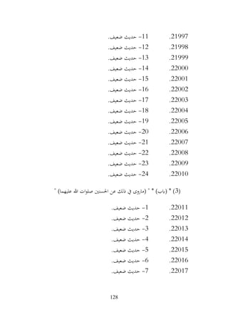 128
21997
.
11
-
.‫ضعيف‬ ‫حديث‬
21998
.
12
-
.‫ضعيف‬ ‫حديث‬
21999
.
13
-
.‫ضعيف‬ ‫حديث‬
22000
.
14
-
.‫ضعيف‬ ‫حديث‬
22001
.
15
-
.‫ضعيف‬ ‫حديث‬
22002
.
16
-
.‫ضعيف‬ ‫حديث‬
22003
.
17
-
.‫ضعيف‬ ‫حديث‬
22004
.
18
-
.‫ضعيف‬ ‫حديث‬
22005
.
19
-
.‫ضعيف‬ ‫حديث‬
22006
.
20
-
.‫ضعيف‬ ‫حديث‬
22007
.
21
-
.‫ضعيف‬ ‫حديث‬
22008
.
22
-
.‫ضعيف‬ ‫حديث‬
22009
.
23
-
.‫ضعيف‬ ‫حديث‬
22010
.
24
-
.‫ضعيف‬ ‫حديث‬
(
3
" )‫عليهما‬ ‫هللا‬ ‫ات‬‫و‬‫صل‬ ‫احلسنني‬ ‫عن‬ ‫ذلك‬ ‫يف‬ ‫(ماروى‬ " * )‫(ابب‬ * )
22011
.
1
-
.‫ضعيف‬ ‫حديث‬
22012
.
2
-
.‫ضعيف‬ ‫حديث‬
22013
.
3
-
.‫ضعيف‬ ‫حديث‬
22014
.
4
-
.‫ضعيف‬ ‫حديث‬
22015
.
5
-
.‫ضعيف‬ ‫حديث‬
22016
.
6
-
.‫ضعيف‬ ‫حديث‬
22017
.
7
-
.‫ضعيف‬ ‫حديث‬
 