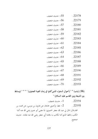 137
22178
.
55
-
.‫ضعيف‬ ‫حديث‬
22179
.
56
-
.‫ضعيف‬ ‫حديث‬
22180
.
57
-
.‫ضعيف‬ ‫حديث‬
22181
.
58
-
.‫ضعيف‬ ‫حديث‬
22182
.
59
-
.‫ضعيف‬ ‫حديث‬
22183
.
60
-
.‫ضعيف‬ ‫حديث‬
22184
.
61
-
.‫ضعيف‬ ‫حديث‬
22185
.
62
-
.‫ضعيف‬ ‫حديث‬
22186
.
63
-
.‫ضعيف‬ ‫حديث‬
22187
.
64
-
.‫ضعيف‬ ‫حديث‬
22188
.
65
-
.‫ضعيف‬ ‫حديث‬
22189
.
66
-
.‫ضعيف‬ ‫حديث‬
22190
.
67
-
.‫ضعيف‬ ‫حديث‬
22191
.
68
-
.‫ضعيف‬ ‫حديث‬
22192
.
69
-
.‫ضعيف‬ ‫حديث‬
22193
.
70
-
.‫ضعيف‬ ‫حديث‬
(
16
" * * " )‫الصغرى‬ ‫الغيبة‬ ‫زمان‬ ‫يف‬ ‫كانوا‬‫الذين‬ ‫اء‬‫ر‬‫السف‬ ‫(أحوال‬ " * )‫(ابب‬ )
‫(وسائط‬
" )‫السالم‬ ‫عليه‬ ‫القاسم‬ ‫وبني‬ ‫الشيعة‬ ‫بني‬
22194
.
1
-
.‫ضعيف‬ ‫حديث‬
22195
.
2
-
‫بن‬ ‫حممد‬ ‫عن‬ ،‫موسى‬ ‫بن‬ ‫هارون‬ ‫عن‬ ،‫مجاعة‬ ‫أخربين‬‫و‬ :‫غط‬
‫أتتنا‬ ‫عنه‬ ‫هللا‬ ‫رضي‬ ‫عمرو‬ ‫أبو‬ ‫مضى‬ ‫ملا‬ :‫احلمريي‬ ‫جعفر‬ ‫هللا‬ ‫عبد‬ ‫يل‬ ‫قال‬ :‫قال‬ ‫مهام‬
‫حديث‬ .‫مقامه‬ ‫عنه‬ ‫هللا‬ ‫رضي‬ ‫جعفر‬ ‫أيب‬ ‫ابقامة‬ ‫به‬ ‫نكاتب‬ ‫كنا‬‫الذي‬ ‫ابخلط‬ ‫الكتب‬
.‫صحيح‬
 