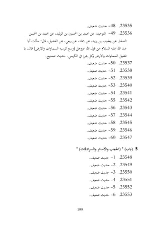 199
23535
.
48
-
.‫ضعيف‬ ‫حديث‬
23536
.
49
-
‫احلسن‬ ‫بن‬ ‫حممد‬ ‫عن‬ ،‫ليد‬‫و‬‫ال‬ ‫بن‬ ‫احلسني‬ ‫بن‬ ‫حممد‬ ‫عن‬ :‫التوحيد‬
‫أاب‬ ‫سألت‬ :‫قال‬ ،‫الفضيل‬ ‫عن‬ ،‫بعي‬‫ر‬ ‫عن‬ ،‫محاد‬ ‫عن‬ ،‫يد‬‫ز‬‫ي‬ ‫بن‬ ‫يعقوب‬ ‫عن‬ ‫الصفار‬
‫اي‬ :‫قال‬ )‫االرض‬‫و‬ ‫ات‬‫و‬‫السما‬ ‫كرسيه‬‫(وسع‬ ‫عزوجل‬ ‫هللا‬ ‫قول‬ ‫عن‬ ‫السالم‬ ‫عليه‬ ‫هللا‬ ‫عبد‬
.‫صحيح‬ ‫حديث‬ .‫الكرسي‬ ‫يف‬ ‫شئ‬ ‫كل‬
‫و‬ ‫االرض‬‫و‬ ‫ات‬‫و‬‫السما‬ ‫فضيل‬
23537
.
50
-
.‫ضعيف‬ ‫حديث‬
23538
.
51
-
.‫ضعيف‬ ‫حديث‬
23539
.
52
-
.‫ضعيف‬ ‫حديث‬
23540
.
53
-
.‫ضعيف‬ ‫حديث‬
23541
.
54
-
.‫ضعيف‬ ‫حديث‬
23542
.
55
-
.‫ضعيف‬ ‫حديث‬
23543
.
56
-
.‫ضعيف‬ ‫حديث‬
23544
.
57
-
.‫ضعيف‬ ‫حديث‬
23545
.
58
-
.‫ضعيف‬ ‫حديث‬
23546
.
59
-
.‫ضعيف‬ ‫حديث‬
23547
.
60
-
.‫ضعيف‬ ‫حديث‬
5
* )‫ادقات‬‫ر‬‫والس‬ ‫واالستار‬ ‫(احلجب‬ * )‫(ابب‬
23548
.
1
-
.‫ضعيف‬ ‫حديث‬
23549
.
2
-
.‫ضعيف‬ ‫حديث‬
23550
.
3
-
.‫ضعيف‬ ‫حديث‬
23551
.
4
-
.‫ضعيف‬ ‫حديث‬
23552
.
5
-
.‫ضعيف‬ ‫حديث‬
23553
.
6
-
.‫ضعيف‬ ‫حديث‬
 