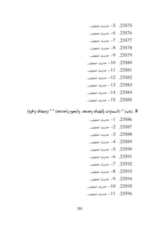 201
23575
.
5
-
.‫ضعيف‬ ‫حديث‬
23576
.
6
-
.‫ضعيف‬ ‫حديث‬
23577
.
7
-
.‫ضعيف‬ ‫حديث‬
23578
.
8
-
.‫ضعيف‬ ‫حديث‬
23579
.
9
-
.‫ضعيف‬ ‫حديث‬
23580
.
10
-
.‫ضعيف‬ ‫حديث‬
23581
.
11
-
.‫ضعيف‬ ‫حديث‬
23582
.
12
-
.‫ضعيف‬ ‫حديث‬
23583
.
13
-
.‫ضعيف‬ ‫حديث‬
23584
.
14
-
.‫ضعيف‬ ‫حديث‬
23585
.
15
-
.‫ضعيف‬ ‫حديث‬
8
* )‫(ابب‬ .
)‫واجملرة‬ ‫(وصفاهتا‬ * * )‫وأعدادها‬ ‫والنجوم‬ ،‫وعددها‬ ‫كيفياهتا‬
‫و‬ ‫(السماوات‬
23586
.
1
-
.‫ضعيف‬ ‫حديث‬
23587
.
2
-
.‫ضعيف‬ ‫حديث‬
23588
.
3
-
.‫ضعيف‬ ‫حديث‬
23589
.
4
-
.‫ضعيف‬ ‫حديث‬
23590
.
5
-
.‫ضعيف‬ ‫حديث‬
23591
.
6
-
.‫ضعيف‬ ‫حديث‬
23592
.
7
-
.‫ضعيف‬ ‫حديث‬
23593
.
8
-
.‫ضعيف‬ ‫حديث‬
23594
.
9
-
.‫ضعيف‬ ‫حديث‬
23595
.
10
-
.‫ضعيف‬ ‫حديث‬
23596
.
11
-
.‫ضعيف‬ ‫حديث‬
 