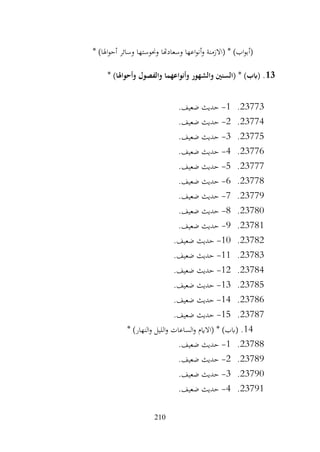 210
* )‫اهلا‬‫و‬‫أح‬ ‫وسائر‬ ‫وحنوستها‬ ‫وسعادهتا‬ ‫اعها‬‫و‬‫أن‬‫و‬ ‫(االزمنة‬ * )‫اب‬‫و‬‫(أب‬
13
‫والفصول‬ ‫وأنواعهما‬ ‫والشهور‬ ‫(السنني‬ * )‫(ابب‬ .
* )‫وأحواهلا‬
23773
.
1
-
.‫ضعيف‬ ‫حديث‬
23774
.
2
-
.‫ضعيف‬ ‫حديث‬
23775
.
3
-
.‫ضعيف‬ ‫حديث‬
23776
.
4
-
.‫ضعيف‬ ‫حديث‬
23777
.
5
-
.‫ضعيف‬ ‫حديث‬
23778
.
6
-
.‫ضعيف‬ ‫حديث‬
23779
.
7
-
.‫ضعيف‬ ‫حديث‬
23780
.
8
-
.‫ضعيف‬ ‫حديث‬
23781
.
9
-
.‫ضعيف‬ ‫حديث‬
23782
.
10
-
.‫ضعيف‬ ‫حديث‬
23783
.
11
-
.‫ضعيف‬ ‫حديث‬
23784
.
12
-
.‫ضعيف‬ ‫حديث‬
23785
.
13
-
.‫ضعيف‬ ‫حديث‬
23786
.
14
-
.‫ضعيف‬ ‫حديث‬
23787
.
15
-
.‫ضعيف‬ ‫حديث‬
14
.
* )‫النهار‬‫و‬ ‫الليل‬‫و‬ ‫الساعات‬‫و‬ ‫(االايم‬ * )‫(ابب‬
23788
.
1
-
.‫ضعيف‬ ‫حديث‬
23789
.
2
-
.‫ضعيف‬ ‫حديث‬
23790
.
3
-
.‫ضعيف‬ ‫حديث‬
23791
.
4
-
.‫ضعيف‬ ‫حديث‬
 