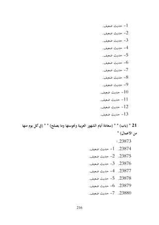 216
1
-
.‫ضعيف‬ ‫حديث‬
2
-
.‫ضعيف‬ ‫حديث‬
3
-
.‫ضعيف‬ ‫حديث‬
4
-
.‫ضعيف‬ ‫حديث‬
5
-
.‫ضعيف‬ ‫حديث‬
6
-
.‫ضعيف‬ ‫حديث‬
7
-
.‫ضعيف‬ ‫حديث‬
8
-
.‫ضعيف‬ ‫حديث‬
9
-
.‫ضعيف‬ ‫حديث‬
10
-
.‫ضعيف‬ ‫حديث‬
11
-
‫حديث‬
.‫ضعيف‬
12
-
.‫ضعيف‬ ‫حديث‬
13
-
.‫ضعيف‬ ‫حديث‬
21
‫منها‬ ‫يوم‬ ‫كل‬‫(يف‬ * * )‫يصلح‬ ‫وما‬ ‫وحنوستها‬ ‫بية‬‫ر‬‫الع‬ ‫الشهور‬ ‫أايم‬ ‫(سعادة‬ * * )‫(ابب‬ *
* )‫االعمال‬ ‫من‬
23873
.
‫ا‬
23874
.
1
-
.‫ضعيف‬ ‫حديث‬
23875
.
2
-
.‫ضعيف‬ ‫حديث‬
23876
.
3
-
.‫ضعيف‬ ‫حديث‬
23877
.
4
-
.‫ضعيف‬ ‫حديث‬
23878
.
5
-
.‫ضعيف‬ ‫حديث‬
23879
.
6
-
.‫ضعيف‬ ‫حديث‬
23880
.
7
-
.‫ضعيف‬ ‫حديث‬
 