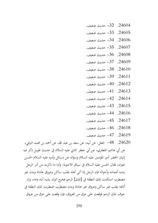 250
24604
.
32
-
.‫ضعيف‬ ‫حديث‬
24605
.
33
-
.‫ضعيف‬ ‫حديث‬
24606
.
34
-
.‫ضعيف‬ ‫حديث‬
24607
.
35
-
.‫ضعيف‬ ‫حديث‬
24608
.
36
-
.‫ضعيف‬ ‫حديث‬
24609
.
37
-
.‫ضعيف‬ ‫حديث‬
24610
.
38
-
.‫ضعيف‬ ‫حديث‬
24611
.
39
-
.‫ضعيف‬ ‫حديث‬
24612
.
40
-
.‫ضعيف‬ ‫حديث‬
24613
.
41
-
.‫ضعيف‬ ‫حديث‬
24614
.
42
-
.‫ضعيف‬ ‫حديث‬
24615
.
43
-
.‫ضعيف‬ ‫حديث‬
24616
.
44
-
.‫ضعيف‬ ‫حديث‬
24617
.
45
-
.‫ضعيف‬ ‫حديث‬
24618
.
46
-
.‫ضعيف‬ ‫حديث‬
24619
.
47
-
.‫ضعيف‬ ‫حديث‬
24620
.
48
-
،‫الربقي‬ ‫حممد‬ ‫بن‬ ‫أمحد‬ ‫عن‬ ،‫هللا‬ ‫عبد‬ ‫بن‬ ‫سعد‬ ‫عن‬ ،‫أبيه‬ ‫عن‬ :‫العلل‬
‫جعفر‬ ‫أيب‬ ‫عن‬ ،‫اجلعفري‬ ‫هاشم‬ ‫أيب‬ ‫عن‬
‫فيه‬ ‫ذكر‬ ‫طوبل‬ ‫حديث‬ ‫يف‬ ‫السالم‬ ‫عليه‬ ‫الثاين‬
‫احلسن‬ ‫السالم‬ ‫عليه‬ ‫أمره‬‫و‬ ‫مسائل‬ ‫عن‬ ‫اله‬‫ؤ‬‫وس‬ ‫السالم‬ ‫عليه‬ ‫املؤمنني‬ ‫أمري‬ ‫اخلضر‬ ‫إتيان‬
‫الرجل‬ ‫أمر‬ ‫من‬ ‫ذكرت‬ ‫ما‬ ‫أما‬‫و‬ :‫االجوبة‬ ‫سياق‬ ‫يف‬ ‫السالم‬ ‫عليه‬ ‫احلسن‬ ‫فقال‬ ،‫ابه‬‫و‬‫جب‬
‫هادئة‬ ‫وعروق‬ ‫ساكن‬ ‫بقلب‬ ‫أهله‬ ‫أتى‬ ‫إذا‬ ‫الرجل‬ ‫فإن‬ ‫اله‬‫و‬‫أخ‬‫و‬ ‫أعمامه‬ ‫يشبه‬
‫غري‬ ‫وبدن‬
‫وإن‬ ،‫امه‬‫و‬ ‫أابه‬ ‫يشبه‬ ‫لد‬‫و‬‫ال‬ ‫ج‬
‫فخر‬ ‫الرحم‬ ]‫[تلك‬ ‫يف‬ ‫النطفة‬ ‫تلك‬ ‫استكنت‬ ‫مضطرب‬
‫يف‬ ‫النطفة‬ ‫تلك‬ ‫بت‬‫ر‬‫اضط‬ ‫مضطرب‬ ‫وبدن‬ ‫هادئة‬ ‫غري‬ ‫وعروق‬ ‫ساكن‬ ‫غري‬ ‫بقلب‬ ‫أاتها‬
‫عروق‬ ‫من‬ ‫عرق‬ ‫على‬ ‫وقعت‬ ‫فإن‬ ،‫العروق‬ ‫من‬ ‫عرق‬ ‫على‬ ‫فوقعت‬ ‫الرحم‬ ‫تلك‬ ‫جوف‬
 
