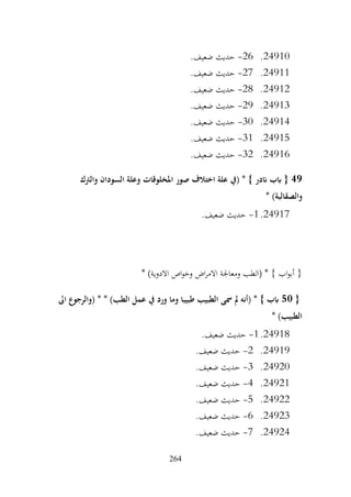 264
24910
.
26
-
.‫ضعيف‬ ‫حديث‬
24911
.
27
-
.‫ضعيف‬ ‫حديث‬
24912
.
28
-
.‫ضعيف‬ ‫حديث‬
24913
.
29
-
.‫ضعيف‬ ‫حديث‬
24914
.
30
-
.‫ضعيف‬ ‫حديث‬
24915
.
31
-
.‫ضعيف‬ ‫حديث‬
24916
.
32
-
.‫ضعيف‬ ‫حديث‬
49
‫والرتك‬ ‫السودان‬ ‫وعلة‬ ‫املخلوقات‬ ‫صور‬ ‫اختالف‬ ‫علة‬ ‫(يف‬ * } ‫اندر‬ ‫ابب‬ {
* )‫والصقالبة‬
24917
.
1
-
.‫ضعيف‬ ‫حديث‬
‫(الطب‬ * } ‫اب‬‫و‬‫أب‬ {
* )‫االدوية‬ ‫اص‬‫و‬‫وخ‬ ‫اض‬‫ر‬‫االم‬ ‫ومعاجلة‬
{
50
‫اىل‬ ‫(والرجوع‬ * * )‫الطب‬ ‫عمل‬ ‫يف‬ ‫ورد‬ ‫وما‬ ‫طبيبا‬ ‫الطبيب‬ ‫مسى‬ ‫مل‬ ‫(أنه‬ * } ‫ابب‬
* )‫الطبيب‬
24918
.
1
-
.‫ضعيف‬ ‫حديث‬
24919
.
2
-
.‫ضعيف‬ ‫حديث‬
24920
.
3
-
.‫ضعيف‬ ‫حديث‬
24921
.
4
-
.‫ضعيف‬ ‫حديث‬
24922
.
5
-
.‫ضعيف‬ ‫حديث‬
24923
.
6
-
.‫ضعيف‬ ‫حديث‬
24924
.
7
-
.‫ضعيف‬ ‫حديث‬
 