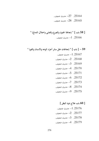 276
25164
.
27
-
.‫ضعيف‬ ‫حديث‬
25165
.
28
-
.‫ضعيف‬ ‫حديث‬
{
58
‫واختالل‬ ‫والغشى‬ ‫والصرع‬ ‫اجلنون‬ ‫(معاجلة‬ * } ‫ابب‬
* )‫الدماغ‬
25166
.
1
-
.‫ضعيف‬ ‫حديث‬
59
-
* )‫والفم‬ ‫واالسنان‬ ‫الوجه‬ ‫اء‬‫ز‬‫أج‬ ‫سائر‬ ‫علل‬ ‫(معاجلات‬ * } ‫ابب‬ {
25167
.
1
-
.‫ضعيف‬ ‫حديث‬
25168
.
2
-
.‫ضعيف‬ ‫حديث‬
25169
.
3
-
.‫ضعيف‬ ‫حديث‬
25170
.
4
-
.‫ضعيف‬ ‫حديث‬
25171
.
5
-
.‫ضعيف‬ ‫حديث‬
25172
.
6
-
.‫ضعيف‬ ‫حديث‬
25173
.
7
-
.‫ضعيف‬ ‫حديث‬
25174
.
8
-
.‫ضعيف‬ ‫حديث‬
25175
.
9
-
.‫ضعيف‬ ‫حديث‬
{
60
} ‫البطن‬ ‫دود‬ ‫عالج‬ ‫ابب‬
25176
.
1
-
.‫ضعيف‬ ‫حديث‬
25177
.
2
-
.‫ضعيف‬ ‫حديث‬
25178
.
3
-
.‫ضعيف‬ ‫حديث‬
25179
.
4
-
.‫ضعيف‬ ‫حديث‬
 