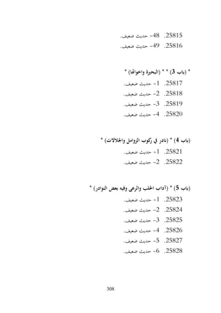 308
25815
.
48
-
.‫ضعيف‬ ‫حديث‬
25816
.
49
-
.‫ضعيف‬ ‫حديث‬
‫(ابب‬ *
3
* )‫واخواهتا‬ ‫(البحرية‬ * * )
25817
.
1
-
.‫ضعيف‬ ‫حديث‬
25818
.
2
-
.‫ضعيف‬ ‫حديث‬
25819
.
3
-
.‫ضعيف‬ ‫حديث‬
25820
.
4
-
.‫ضعيف‬ ‫حديث‬
‫(ابب‬
4
‫الزوامل‬ ‫كوب‬
‫ر‬ ‫يف‬ ‫(اندر‬ * )
* )‫واجلالالت‬
25821
.
1
-
.‫ضعيف‬ ‫حديث‬
25822
.
2
-
.‫ضعيف‬ ‫حديث‬
‫(ابب‬
5
* )‫النوادر‬ ‫بعض‬ ‫وفيه‬ ‫والرعى‬ ‫احللب‬ ‫(آداب‬ * )
25823
.
1
-
.‫ضعيف‬ ‫حديث‬
25824
.
2
-
.‫ضعيف‬ ‫حديث‬
25825
.
3
-
.‫ضعيف‬ ‫حديث‬
25826
.
4
-
.‫ضعيف‬ ‫حديث‬
25827
.
5
-
.‫ضعيف‬ ‫حديث‬
25828
.
6
-
.‫ضعيف‬ ‫حديث‬
 