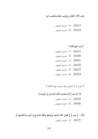 318
‫(ابب‬
13
‫أمره‬ ‫وعجايب‬ ‫خلقه‬ ‫ايب‬‫ر‬‫وغ‬ ‫اخلفاش‬ )
26017
.
1
-
.‫ضعيف‬ ‫حديث‬
26018
.
2
-
.‫ضعيف‬ ‫حديث‬
‫البوم‬ ‫(ابب‬ *
14
* )
26019
.
1
-
.‫ضعيف‬ ‫حديث‬
26020
.
2
-
.‫ضعيف‬ ‫حديث‬
26021
.
3
-
.‫ضعيف‬ ‫حديث‬
26022
.
4
-
.‫ضعيف‬ ‫حديث‬
26023
.
5
-
.‫ضعيف‬ ‫حديث‬
26024
.
6
-
.‫ضعيف‬ ‫حديث‬
} ‫االنعام‬ ‫منها‬ ‫مضت‬ ‫وقد‬ ‫اجن‬‫و‬‫الد‬ { } ‫اب‬‫و‬‫أب‬ {
1
-
} ‫البيوت‬ ‫يف‬ ‫الدواجن‬ ‫اختاذ‬ ‫{استحباب‬ } ‫ابب‬ {
26025
.
1
-
.‫ضعيف‬ ‫حديث‬
26026
.
2
-
.‫ضعيف‬ ‫حديث‬
(
2
)
-
} ‫وأحكامهما‬ ‫البيت‬ ‫يف‬ ‫الدجاج‬ ‫واختاذ‬ ‫وأنواعها‬ ‫الديك‬ ‫اختاذ‬ ‫فضل‬ { } ‫ابب‬ {
26027
.
1
-
.‫ضعيف‬ ‫حديث‬
 