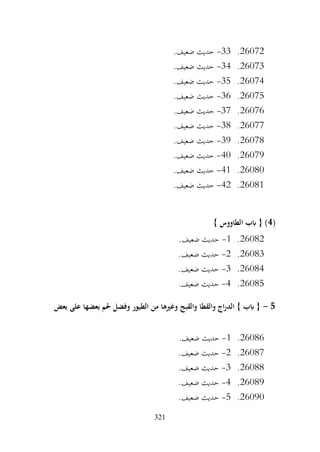 321
26072
.
33
-
.‫ضعيف‬ ‫حديث‬
26073
.
34
-
.‫ضعيف‬ ‫حديث‬
26074
.
35
-
.‫ضعيف‬ ‫حديث‬
26075
.
36
-
.‫ضعيف‬ ‫حديث‬
26076
.
37
-
.‫ضعيف‬ ‫حديث‬
26077
.
38
-
.‫ضعيف‬ ‫حديث‬
26078
.
39
-
.‫ضعيف‬ ‫حديث‬
26079
.
40
-
.‫ضعيف‬ ‫حديث‬
26080
.
41
-
.‫ضعيف‬ ‫حديث‬
26081
.
42
-
.‫ضعيف‬ ‫حديث‬
(
4
} ‫الطاووس‬ ‫ابب‬ { )
26082
.
1
-
.‫ضعيف‬ ‫حديث‬
26083
.
2
-
.‫ضعيف‬ ‫حديث‬
26084
.
3
-
.‫ضعيف‬ ‫حديث‬
26085
.
4
-
.‫ضعيف‬ ‫حديث‬
5
-
‫بعض‬ ‫على‬ ‫بعضها‬ ‫حلم‬ ‫وفضل‬ ‫الطيور‬ ‫من‬ ‫وغريها‬ ‫والقبج‬ ‫والقطا‬ ‫اج‬‫ر‬‫الد‬ } ‫ابب‬ {
26086
.
1
-
.‫ضعيف‬ ‫حديث‬
26087
.
2
-
.‫ضعيف‬ ‫حديث‬
26088
.
3
-
.‫ضعيف‬ ‫حديث‬
26089
.
4
-
.‫ضعيف‬ ‫حديث‬
26090
.
5
-
.‫ضعيف‬ ‫حديث‬
 