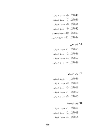 368
27049
.
6
-
.‫ضعيف‬ ‫حديث‬
27050
.
7
-
.‫ضعيف‬ ‫حديث‬
27051
.
8
-
.‫ضعيف‬ ‫حديث‬
27052
.
9
-
.‫ضعيف‬ ‫حديث‬
27053
.
10
-
.‫ضعيف‬ ‫حديث‬
27054
.
11
-
.‫ضعيف‬ ‫حديث‬
6
‫اجلزر‬ ‫ابب‬ *
27055
.
1
-
.‫ضعيف‬ ‫حديث‬
27056
.
2
-
.‫ضعيف‬ ‫حديث‬
27057
.
3
-
.‫ضعيف‬ ‫حديث‬
27058
.
4
-
.‫ضعيف‬ ‫حديث‬
7
‫الشلجم‬ ‫ابب‬ *
27059
.
1
-
.‫ضعيف‬ ‫حديث‬
27060
.
2
-
.‫ضعيف‬ ‫حديث‬
27061
.
3
-
.‫ضعيف‬ ‫حديث‬
27062
.
4
-
.‫ضعيف‬ ‫حديث‬
27063
.
5
-
.‫ضعيف‬ ‫حديث‬
8
‫الباذجبان‬ ‫ابب‬ *
27064
.
1
-
.‫ضعيف‬ ‫حديث‬
27065
.
2
-
.‫ضعيف‬ ‫حديث‬
27066
.
3
-
.‫ضعيف‬ ‫حديث‬
 