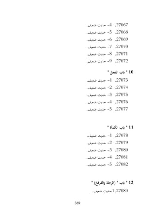 369
27067
.
4
-
.‫ضعيف‬ ‫حديث‬
27068
.
5
-
.‫ضعيف‬ ‫حديث‬
27069
.
6
-
.‫ضعيف‬ ‫حديث‬
27070
.
7
-
.‫ضعيف‬ ‫حديث‬
27071
.
8
-
.‫ضعيف‬ ‫حديث‬
27072
.
9
-
.‫ضعيف‬ ‫حديث‬
10
* ‫الفجل‬ ‫ابب‬ *
27073
.
1
-
.‫ضعيف‬ ‫حديث‬
27074
.
2
-
.‫ضعيف‬ ‫حديث‬
27075
.
3
-
.‫ضعيف‬ ‫حديث‬
27076
.
4
-
.‫ضعيف‬ ‫حديث‬
27077
.
5
-
.‫ضعيف‬ ‫حديث‬
11
* ‫الكمأة‬ ‫ابب‬ *
27078
.
1
-
.‫ضعيف‬ ‫حديث‬
27079
.
2
-
.‫ضعيف‬ ‫حديث‬
27080
.
3
-
.‫ضعيف‬ ‫حديث‬
27081
.
4
-
.‫ضعيف‬ ‫حديث‬
27082
.
5
-
.‫ضعيف‬ ‫حديث‬
12
* )‫والفرفخ‬ ‫(الرجلة‬ * ‫ابب‬ *
27083
.
1
.‫ضعيف‬ ‫حديث‬
 