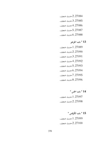 370
27084
.
2
.‫ضعيف‬ ‫حديث‬
27085
.
3
.‫ضعيف‬ ‫حديث‬
27086
.
4
.‫ضعيف‬ ‫حديث‬
27087
.
5
.‫ضعيف‬ ‫حديث‬
27088
.
6
.‫ضعيف‬ ‫حديث‬
13
‫اجلرجري‬ ‫ابب‬ *
27089
.
1
.‫ضعيف‬ ‫حديث‬
27090
.
2
.‫ضعيف‬ ‫حديث‬
27091
.
3
.‫ضعيف‬ ‫حديث‬
27092
.
4
.‫ضعيف‬ ‫حديث‬
27093
.
5
.‫ضعيف‬ ‫حديث‬
27094
.
6
.‫ضعيف‬ ‫حديث‬
27095
.
7
.‫ضعيف‬ ‫حديث‬
27096
.
8
.‫ضعيف‬ ‫حديث‬
14
* ‫اخلس‬ ‫ابب‬ *
27097
.
1
.‫ضعيف‬ ‫حديث‬
27098
.
2
.‫ضعيف‬ ‫حديث‬
15
* ‫الكرفس‬ ‫ابب‬ *
27099
.
1
.‫ضعيف‬ ‫حديث‬
27100
.
2
.‫ضعيف‬ ‫حديث‬
 
