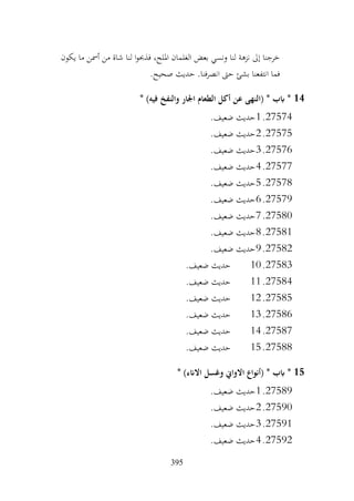 395
‫يكون‬ ‫ما‬ ‫أمسن‬ ‫من‬ ‫شاة‬ ‫لنا‬ ‫ا‬‫و‬‫فذحب‬ ،‫امللح‬ ‫الغلمان‬ ‫بعض‬ ‫ونسي‬ ‫لنا‬ ‫نزهة‬ ‫إىل‬ ‫خرجنا‬
.‫صحيح‬ ‫حديث‬ .‫انصرفنا‬ ‫حىت‬ ‫بشئ‬ ‫انتفعنا‬ ‫فما‬
14
* )‫فيه‬ ‫والنفخ‬ ‫اجلار‬ ‫الطعام‬ ‫أكل‬ ‫عن‬ ‫(النهى‬ * ‫ابب‬ *
27574
.
1
.‫ضعيف‬ ‫حديث‬
27575
.
2
.‫ضعيف‬ ‫حديث‬
27576
.
3
.‫ضعيف‬ ‫حديث‬
27577
.
4
.‫ضعيف‬ ‫حديث‬
27578
.
5
.‫ضعيف‬ ‫حديث‬
27579
.
6
.‫ضعيف‬ ‫حديث‬
27580
.
7
.‫ضعيف‬ ‫حديث‬
27581
.
8
.‫ضعيف‬ ‫حديث‬
27582
.
9
.‫ضعيف‬ ‫حديث‬
27583
.
10
.‫ضعيف‬ ‫حديث‬
27584
.
11
.‫ضعيف‬ ‫حديث‬
27585
.
12
.‫ضعيف‬ ‫حديث‬
27586
.
13
.‫ضعيف‬ ‫حديث‬
27587
.
14
‫حديث‬
.‫ضعيف‬
27588
.
15
.‫ضعيف‬ ‫حديث‬
15
* )‫االانء‬ ‫وغسل‬ ‫االواين‬ ‫(أنواع‬ * ‫ابب‬ *
27589
.
1
.‫ضعيف‬ ‫حديث‬
27590
.
2
.‫ضعيف‬ ‫حديث‬
27591
.
3
.‫ضعيف‬ ‫حديث‬
27592
.
4
.‫ضعيف‬ ‫حديث‬
 