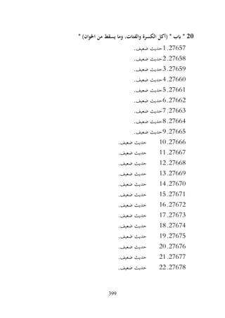 399
20
* )‫اخلوان‬ ‫من‬ ‫يسقط‬ ‫وما‬ ،‫والفتات‬ ‫الكسرة‬ ‫(أكل‬ * ‫ابب‬ *
27657
.
1
.‫ضعيف‬ ‫حديث‬
27658
.
2
‫حديث‬
.‫ضعيف‬
27659
.
3
.‫ضعيف‬ ‫حديث‬
27660
.
4
.‫ضعيف‬ ‫حديث‬
27661
.
5
.‫ضعيف‬ ‫حديث‬
27662
.
6
.‫ضعيف‬ ‫حديث‬
27663
.
7
.‫ضعيف‬ ‫حديث‬
27664
.
8
.‫ضعيف‬ ‫حديث‬
27665
.
9
.‫ضعيف‬ ‫حديث‬
27666
.
10
.‫ضعيف‬ ‫حديث‬
27667
.
11
.‫ضعيف‬ ‫حديث‬
27668
.
12
.‫ضعيف‬ ‫حديث‬
27669
.
13
.‫ضعيف‬ ‫حديث‬
27670
.
14
.‫ضعيف‬ ‫حديث‬
27671
.
15
.‫ضعيف‬ ‫حديث‬
27672
.
16
.‫ضعيف‬ ‫حديث‬
27673
.
17
.‫ضعيف‬ ‫حديث‬
27674
.
18
.‫ضعيف‬ ‫حديث‬
27675
.
19
.‫ضعيف‬ ‫حديث‬
27676
.
20
.‫ضعيف‬ ‫حديث‬
27677
.
21
.‫ضعيف‬ ‫حديث‬
27678
.
22
.‫ضعيف‬ ‫حديث‬
 