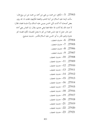 411
27903
.
5
-
:‫قال‬ ‫يع‬‫ز‬‫ب‬ ‫ابن‬ ‫عن‬ ‫حممد‬ ‫بن‬ ‫أمحد‬ ‫عن‬ ‫حيىي‬ ‫بن‬ ‫حممد‬ ‫عن‬ :‫الكايف‬
‫روى‬ ‫قد‬ :‫له‬ ‫فقلت‬ ،‫فكرهها‬ ‫الفضة‬‫و‬ ‫الذهب‬ ‫آنية‬ ‫عن‬ ‫السالم‬ ‫عليه‬ ‫الرضا‬ ‫سألت‬
:‫فقال‬ ،‫فضة‬ ‫ملبسة‬ ‫مرآة‬ ‫السالم‬ ‫عليه‬ ‫موسى‬ ‫احلسن‬ ‫اليب‬ ‫كانت‬‫أنه‬ ‫أصحابنا‬ ‫بعض‬
‫إن‬ :‫وقال‬ ،‫عندي‬ ‫وهي‬ ‫فضة‬ ‫حلقة‬ ‫هلا‬ ‫كانت‬‫إمنا‬ ،‫هللا‬ ‫حبمد‬ ‫ال‬
‫أخاه‬ ‫يعين‬ ‫العباس‬
‫حنو‬ ‫قصبته‬ ‫تكون‬ ‫للصبيان‬ ‫يعمل‬ ‫ما‬ ‫حنو‬ ‫من‬ ‫فضة‬ ‫ملبس‬ ‫عود‬ ‫له‬ ‫عمل‬ ‫عذر‬ ‫حني‬
.‫صحيح‬ ‫حديث‬ .‫فكسر‬ ‫السالم‬ ‫عليه‬ ‫احلسن‬ ‫أبو‬ ‫به‬ ‫فأمر‬ ،‫اهم‬‫ر‬‫د‬ ‫عشرة‬
27904
.
6
-
.‫ضعيف‬ ‫حديث‬
27905
.
7
-
.‫ضعيف‬ ‫حديث‬
27906
.
8
-
.‫ضعيف‬ ‫حديث‬
27907
.
9
-
.‫ضعيف‬ ‫حديث‬
27908
.
10
-
.‫ضعيف‬ ‫حديث‬
27909
.
11
-
.‫ضعيف‬ ‫حديث‬
27910
.
12
-
.‫ضعيف‬ ‫حديث‬
27911
.
13
-
.‫ضعيف‬ ‫حديث‬
27912
.
14
-
.‫ضعيف‬ ‫حديث‬
27913
.
15
-
.‫ضعيف‬ ‫حديث‬
27914
.
16
-
.‫ضعيف‬ ‫حديث‬
27915
.
17
-
.‫ضعيف‬ ‫حديث‬
27916
.
18
-
.‫ضعيف‬ ‫حديث‬
27917
.
19
-
.‫ضعيف‬ ‫حديث‬
27918
.
20
-
.‫ضعيف‬ ‫حديث‬
27919
.
21
-
.‫ضعيف‬ ‫حديث‬
27920
.
22
-
.‫ضعيف‬ ‫حديث‬
27921
.
23
-
.‫ضعيف‬ ‫حديث‬
 