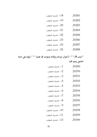 38
20281
.
18
-
.‫ضعيف‬ ‫حديث‬
20282
.
19
-
‫حديث‬
.‫ضعيف‬
20283
.
20
-
.‫ضعيف‬ ‫حديث‬
20284
.
21
-
.‫ضعيف‬ ‫حديث‬
20285
.
22
-
.‫ضعيف‬ ‫حديث‬
20286
.
23
-
.‫ضعيف‬ ‫حديث‬
20287
.
24
-
.‫ضعيف‬ ‫حديث‬
20288
.
25
-
.‫ضعيف‬ ‫حديث‬
‫(ابب‬ *
8
‫امامة‬ ‫نفى‬ ‫(وفيه‬ " * " )‫عليه‬ ‫هللا‬ ‫صلوات‬ ‫واوالده‬ ‫ازواجه‬ ‫(أحوال‬ " * * )
)‫هللا‬ ‫وعبد‬ ‫امساعيل‬
20289
.
1
-
.‫ضعيف‬ ‫حديث‬
20290
.
2
-
.‫ضعيف‬ ‫حديث‬
20291
.
3
-
.‫ضعيف‬ ‫حديث‬
20292
.
4
-
.‫ضعيف‬ ‫حديث‬
20293
.
5
-
.‫ضعيف‬ ‫حديث‬
20294
.
6
-
.‫ضعيف‬ ‫حديث‬
20295
.
7
-
.‫ضعيف‬ ‫حديث‬
20296
.
8
-
.‫ضعيف‬ ‫حديث‬
20297
.
9
-
.‫ضعيف‬ ‫حديث‬
20298
.
10
-
.‫ضعيف‬ ‫حديث‬
20299
.
11
-
.‫ضعيف‬ ‫حديث‬
20300
.
12
-
.‫ضعيف‬ ‫حديث‬
 