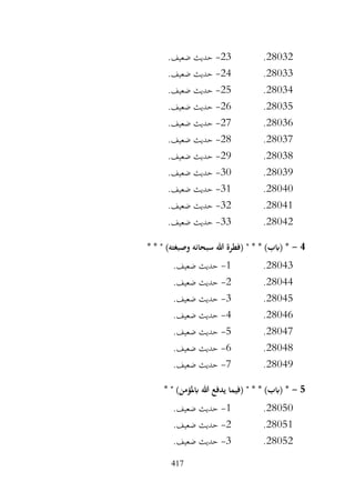 417
28032
.
23
-
.‫ضعيف‬ ‫حديث‬
28033
.
24
-
.‫ضعيف‬ ‫حديث‬
28034
.
25
-
.‫ضعيف‬ ‫حديث‬
28035
.
26
-
.‫ضعيف‬ ‫حديث‬
28036
.
27
-
.‫ضعيف‬ ‫حديث‬
28037
.
28
-
.‫ضعيف‬ ‫حديث‬
28038
.
29
-
.‫ضعيف‬ ‫حديث‬
28039
.
30
-
.‫ضعيف‬ ‫حديث‬
28040
.
31
-
.‫ضعيف‬ ‫حديث‬
28041
.
32
-
.‫ضعيف‬ ‫حديث‬
28042
.
33
-
.‫ضعيف‬ ‫حديث‬
4
-
* * " )‫وصبغته‬ ‫سبحانه‬ ‫هللا‬ ‫(فطرة‬ " * * )‫(ابب‬ *
28043
.
1
-
.‫ضعيف‬ ‫حديث‬
28044
.
2
-
.‫ضعيف‬ ‫حديث‬
28045
.
3
-
.‫ضعيف‬ ‫حديث‬
28046
.
4
-
.‫ضعيف‬ ‫حديث‬
28047
.
5
-
.‫ضعيف‬ ‫حديث‬
28048
.
6
-
.‫ضعيف‬ ‫حديث‬
28049
.
7
-
.‫ضعيف‬ ‫حديث‬
5
-
* " )‫ابملؤمن‬ ‫هللا‬ ‫يدفع‬ ‫(فيما‬ " * * )‫(ابب‬ *
28050
.
1
-
.‫ضعيف‬ ‫حديث‬
28051
.
2
-
.‫ضعيف‬ ‫حديث‬
28052
.
3
-
.‫ضعيف‬ ‫حديث‬
 