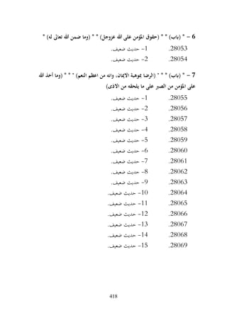 418
6
-
* )‫له‬ ‫تعاىل‬ ‫هللا‬ ‫ضمن‬ ‫(وما‬ * * )‫عزوجل‬ ‫هللا‬ ‫على‬ ‫املؤمن‬ ‫(حقوق‬ * * )‫(ابب‬ *
28053
.
1
-
.‫ضعيف‬ ‫حديث‬
28054
.
2
-
.‫ضعيف‬ ‫حديث‬
7
-
‫هللا‬ ‫أخذ‬ ‫(وما‬ * * " )‫النعم‬ ‫اعظم‬ ‫من‬ ‫وانه‬ ،‫االميان‬ ‫مبوهبة‬ ‫(الرضا‬ " * * )‫(ابب‬ *
‫من‬ ‫يلحقه‬ ‫ما‬ ‫على‬ ‫الصرب‬ ‫من‬ ‫املؤمن‬ ‫على‬
)‫االذى‬
28055
.
1
-
.‫ضعيف‬ ‫حديث‬
28056
.
2
-
.‫ضعيف‬ ‫حديث‬
28057
.
3
-
.‫ضعيف‬ ‫حديث‬
28058
.
4
-
.‫ضعيف‬ ‫حديث‬
28059
.
5
-
.‫ضعيف‬ ‫حديث‬
28060
.
6
-
.‫ضعيف‬ ‫حديث‬
28061
.
7
-
.‫ضعيف‬ ‫حديث‬
28062
.
8
-
.‫ضعيف‬ ‫حديث‬
28063
.
9
-
.‫ضعيف‬ ‫حديث‬
28064
.
10
-
.‫ضعيف‬ ‫حديث‬
28065
.
11
-
.‫ضعيف‬ ‫حديث‬
28066
.
12
-
.‫ضعيف‬ ‫حديث‬
28067
.
13
-
.‫ضعيف‬ ‫حديث‬
28068
.
14
-
.‫ضعيف‬ ‫حديث‬
28069
.
15
-
.‫ضعيف‬ ‫حديث‬
 