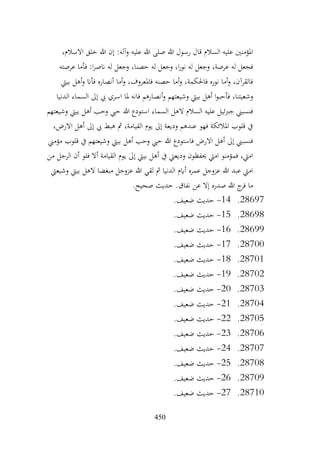 450
،‫االسالم‬ ‫خلق‬ ‫هللا‬ ‫إن‬ :‫وآله‬ ‫عليه‬ ‫هللا‬ ‫صلى‬ ‫هللا‬ ‫رسول‬ ‫قال‬ ‫السالم‬ ‫عليه‬ ‫املؤمنني‬
‫عرصته‬ ‫فأما‬ :‫ا‬‫ر‬‫انص‬ ‫له‬ ‫وجعل‬ ،‫حصنا‬ ‫له‬ ‫وجعل‬ ،‫ا‬‫ر‬‫نو‬ ‫له‬ ‫وجعل‬ ،‫عرصة‬ ‫له‬ ‫فجعل‬
‫بييت‬ ‫أهل‬‫و‬ ‫فأان‬ ‫أنصاره‬ ‫أما‬‫و‬ ،‫فاملعروف‬ ‫حصنه‬ ‫أما‬‫و‬ ،‫فاحلكمة‬ ‫نوره‬ ‫أما‬‫و‬ ،‫فالقرآن‬
‫أنص‬‫و‬ ‫وشيعتهم‬ ‫بييت‬ ‫أهل‬ ‫ا‬‫و‬‫فأحب‬ ،‫وشعيتنا‬
‫الدنيا‬ ‫السماء‬ ‫إىل‬ ‫يب‬ ‫اسري‬ ‫ملا‬ ‫فانه‬ ‫ارهم‬
‫وشيعتهم‬ ‫بييت‬ ‫أهل‬ ‫وحب‬ ‫حيب‬ ‫هللا‬ ‫استودع‬ ‫السماء‬ ‫الهل‬ ‫السالم‬ ‫عليه‬ ‫جربئيل‬ ‫فنسبين‬
،‫االرض‬ ‫أهل‬ ‫إىل‬ ‫يب‬ ‫هبط‬ ‫مث‬ ،‫القيامة‬ ‫يوم‬ ‫إىل‬ ‫وديعة‬ ‫عندهم‬ ‫فهو‬ ‫املالئكة‬ ‫قلوب‬ ‫يف‬
‫قلوب‬ ‫يف‬ ‫وشيعتهم‬ ‫بييت‬ ‫أهل‬ ‫وحب‬ ‫حيب‬ ‫هللا‬ ‫فاستودع‬ ‫االرض‬ ‫أهل‬ ‫إىل‬ ‫فنسبين‬
‫مؤمين‬
‫من‬ ‫الرجل‬ ‫أن‬ ‫فلو‬ ‫أال‬ ‫القيامة‬ ‫يوم‬ ‫إىل‬ ‫بييت‬ ‫أهل‬ ‫يف‬ ‫وديعيت‬ ‫حيفظون‬ ‫اميت‬ ‫فمؤمنو‬ ،‫اميت‬
‫وشيعيت‬ ‫بييت‬ ‫الهل‬ ‫مبغضا‬ ‫عزوجل‬ ‫هللا‬ ‫لقي‬ ‫مث‬ ‫الدنيا‬ ‫أايم‬ ‫عمره‬ ‫عزوجل‬ ‫هللا‬ ‫عبد‬ ‫اميت‬
.‫صحيح‬ ‫حديث‬ .‫نفاق‬ ‫عن‬ ‫إال‬ ‫صدره‬ ‫هللا‬ ‫ج‬
‫فر‬ ‫ما‬
28697
.
14
-
.‫ضعيف‬ ‫حديث‬
28698
.
15
-
.‫ضعيف‬ ‫حديث‬
28699
.
16
-
.‫ضعيف‬ ‫حديث‬
28700
.
17
-
.‫ضعيف‬ ‫حديث‬
28701
.
18
-
.‫ضعيف‬ ‫حديث‬
28702
.
19
-
.‫ضعيف‬ ‫حديث‬
28703
.
20
-
.‫ضعيف‬ ‫حديث‬
28704
.
21
-
.‫ضعيف‬ ‫حديث‬
28705
.
22
-
.‫ضعيف‬ ‫حديث‬
28706
.
23
-
.‫ضعيف‬ ‫حديث‬
28707
.
24
-
.‫ضعيف‬ ‫حديث‬
28708
.
25
-
.‫ضعيف‬ ‫حديث‬
28709
.
26
-
‫حديث‬
.‫ضعيف‬
28710
.
27
-
.‫ضعيف‬ ‫حديث‬
 