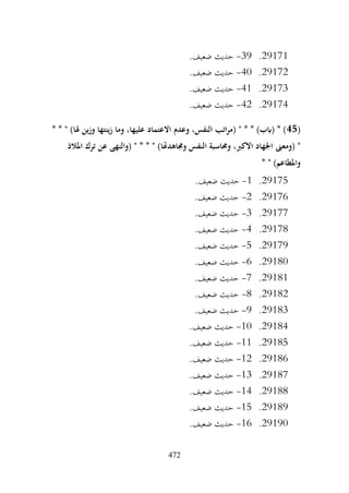 472
29171
.
39
-
.‫ضعيف‬ ‫حديث‬
29172
.
40
-
.‫ضعيف‬ ‫حديث‬
29173
.
41
-
.‫ضعيف‬ ‫حديث‬
29174
.
42
-
.‫ضعيف‬ ‫حديث‬
(
45
* * " )‫هلا‬ ‫وزين‬ ‫زينتها‬ ‫وما‬ ،‫عليها‬ ‫االعتماد‬ ‫وعدم‬ ،‫النفس‬ ‫اتب‬‫ر‬‫(م‬ " * * )‫(ابب‬ * )
‫(ومعىن‬ "
‫املالذ‬ ‫ترك‬ ‫عن‬ ‫(والنهى‬ " * * " )‫وجماهدهتا‬ ‫النفس‬ ‫وحماسبة‬ ،‫االكرب‬ ‫اجلهاد‬
* " )‫واملطاعم‬
29175
.
1
-
.‫ضعيف‬ ‫حديث‬
29176
.
2
-
.‫ضعيف‬ ‫حديث‬
29177
.
3
-
.‫ضعيف‬ ‫حديث‬
29178
.
4
-
.‫ضعيف‬ ‫حديث‬
29179
.
5
-
.‫ضعيف‬ ‫حديث‬
29180
.
6
-
.‫ضعيف‬ ‫حديث‬
29181
.
7
-
.‫ضعيف‬ ‫حديث‬
29182
.
8
-
.‫ضعيف‬ ‫حديث‬
29183
.
9
-
.‫ضعيف‬ ‫حديث‬
29184
.
10
-
.‫ضعيف‬ ‫حديث‬
29185
.
11
-
.‫ضعيف‬ ‫حديث‬
29186
.
12
-
.‫ضعيف‬ ‫حديث‬
29187
.
13
-
.‫ضعيف‬ ‫حديث‬
29188
.
14
-
.‫ضعيف‬ ‫حديث‬
29189
.
15
-
.‫ضعيف‬ ‫حديث‬
29190
.
16
-
.‫ضعيف‬ ‫حديث‬
 
