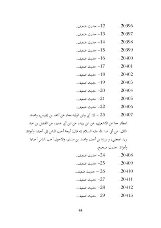 44
20396
.
12
-
.‫ضعيف‬ ‫حديث‬
20397
.
13
-
.‫ضعيف‬ ‫حديث‬
20398
.
14
-
.‫ضعيف‬ ‫حديث‬
20399
.
15
-
.‫ضعيف‬ ‫حديث‬
20400
.
16
-
.‫ضعيف‬ ‫حديث‬
20401
.
17
-
.‫ضعيف‬ ‫حديث‬
20402
.
18
-
.‫ضعيف‬ ‫حديث‬
20403
.
19
-
.‫ضعيف‬ ‫حديث‬
20404
.
20
-
.‫ضعيف‬ ‫حديث‬
20405
.
21
-
.‫ضعيف‬ ‫حديث‬
20406
.
22
-
.‫ضعيف‬ ‫حديث‬
20407
.
23
-
‫وحممد‬ ،‫يس‬‫ر‬‫إد‬ ‫بن‬ ‫أمحد‬ ‫عن‬ ،‫معا‬ ‫الوليد‬ ‫ابن‬‫و‬ ‫أيب‬ :‫ك‬
‫ابن‬ ‫عن‬ ،‫االشعري‬ ‫عن‬ ‫معا‬ ‫العطار‬
‫عبد‬ ‫بن‬ ‫الفضل‬ ‫عن‬ ،‫عمري‬ ‫أيب‬ ‫ابن‬ ‫عن‬ ،‫يد‬‫ز‬‫ي‬
:‫اات‬‫و‬‫أم‬‫و‬ ‫أحياءا‬ ‫إيل‬ ‫الناس‬ ‫أحب‬ ‫بعة‬‫ر‬‫أ‬ :‫قال‬ ‫إنه‬ ‫السالم‬ ‫عليه‬ ‫هللا‬ ‫عبد‬ ‫أيب‬ ‫عن‬ ،‫امللك‬
‫أحياءا‬ ‫الناس‬ ‫أحب‬ ‫االحول‬‫و‬ ،‫مسلم‬ ‫بن‬ ‫وحممد‬ ،‫أعني‬ ‫بن‬ ‫ارة‬‫ر‬‫ز‬ ‫و‬ ،‫العجلي‬ ‫يد‬‫ر‬‫ب‬
.‫صحيح‬ ‫حديث‬ .‫اات‬‫و‬‫أم‬‫و‬
20408
.
24
-
.‫ضعيف‬ ‫حديث‬
20409
.
25
-
.‫ضعيف‬ ‫حديث‬
20410
.
26
–
‫حديث‬
.‫ضعيف‬
20411
.
27
-
.‫ضعيف‬ ‫حديث‬
20412
.
28
-
.‫ضعيف‬ ‫حديث‬
20413
.
29
-
.‫ضعيف‬ ‫حديث‬
 