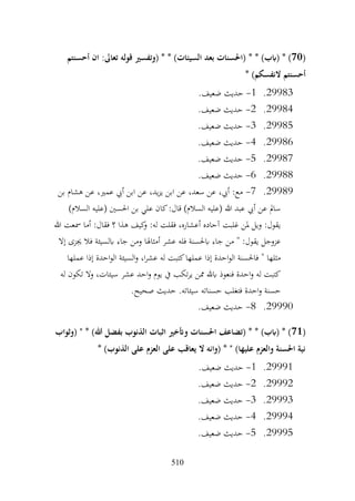 510
(
70
* * )‫(ابب‬ * )
‫أحسنتم‬ ‫ان‬ :‫تعاىل‬ ‫قوله‬ ‫(وتفسري‬ * * )‫السيئات‬ ‫بعد‬ ‫(احلسنات‬
* )‫النفسكم‬ ‫أحسنتم‬
29983
.
1
-
.‫ضعيف‬ ‫حديث‬
29984
.
2
-
.‫ضعيف‬ ‫حديث‬
29985
.
3
-
.‫ضعيف‬ ‫حديث‬
29986
.
4
-
.‫ضعيف‬ ‫حديث‬
29987
.
5
-
.‫ضعيف‬ ‫حديث‬
29988
.
6
-
.‫ضعيف‬ ‫حديث‬
29989
.
7
-
‫بن‬ ‫هشام‬ ‫عن‬ ،‫عمري‬ ‫أيب‬ ‫ابن‬ ‫عن‬ ،‫يد‬‫ز‬‫ي‬ ‫ابن‬ ‫عن‬ ،‫سعد‬ ‫عن‬ ،‫أيب‬ :‫مع‬
)‫السالم‬ ‫(عليه‬ ‫احلسني‬ ‫بن‬ ‫علي‬ ‫كان‬:‫قال‬ )‫السالم‬ ‫(عليه‬ ‫هللا‬ ‫عبد‬ ‫أيب‬ ‫عن‬ ‫سامل‬
‫هللا‬ ‫مسعت‬ ‫أما‬ :‫فقال‬ ‫؟‬ ‫هذا‬ ‫كيف‬
‫و‬ :‫له‬ ‫فقلت‬ ،‫أعشاره‬ ‫آحاده‬ ‫غلبت‬ ‫ملن‬ ‫ويل‬ :‫يقول‬
‫جا‬ ‫ومن‬ ‫أمثاهلا‬ ‫عشر‬ ‫فله‬ ‫ابحلسنة‬ ‫جاء‬ ‫من‬ " :‫يقول‬ ‫عزوجل‬
‫إال‬ ‫جيزى‬ ‫فال‬ ‫ابلسيئة‬ ‫ء‬
‫عملها‬ ‫إذا‬ ‫احدة‬‫و‬‫ال‬ ‫السيئة‬‫و‬ ،‫ا‬‫ر‬‫عش‬ ‫له‬ ‫كتبت‬‫عملها‬ ‫إذا‬ ‫احدة‬‫و‬‫ال‬ ‫فاحلسنة‬ " ‫مثلها‬
‫له‬ ‫تكون‬ ‫وال‬ ،‫سيئات‬ ‫عشر‬ ‫احد‬‫و‬ ‫يوم‬ ‫يف‬ ‫تكب‬‫ر‬‫ي‬ ‫ممن‬ ‫ابهلل‬ ‫فنعوذ‬ ‫احدة‬‫و‬ ‫له‬ ‫كتبت‬
.‫صحيح‬ ‫حديث‬ .‫سيئاته‬ ‫حسناته‬ ‫فتغلب‬ ‫احدة‬‫و‬ ‫حسنة‬
29990
.
8
-
.‫ضعيف‬ ‫حديث‬
(
71
‫(وثواب‬ " * )‫هللا‬ ‫بفضل‬ ‫الذنوب‬ ‫اثبات‬ ‫وأتخري‬ ‫احلسنات‬ ‫(تضاعف‬ * * )‫(ابب‬ * )
* )‫الذنوب‬ ‫على‬ ‫العزم‬ ‫على‬ ‫يعاقب‬ ‫ال‬ ‫(وانه‬ * " )‫عليها‬ ‫والعزم‬ ‫احلسنة‬ ‫نية‬
29991
.
1
-
.‫ضعيف‬ ‫حديث‬
29992
.
2
-
.‫ضعيف‬ ‫حديث‬
29993
.
3
-
.‫ضعيف‬ ‫حديث‬
29994
.
4
-
.‫ضعيف‬ ‫حديث‬
29995
.
5
-
.‫ضعيف‬ ‫حديث‬
 