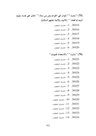 512
(
75
‫ولزوم‬ ،‫نفسه‬ ‫على‬ ‫(عدل‬ " * )‫سنة‬ ‫سن‬ ‫ومن‬ ‫ات‬‫ري‬‫اخل‬ ‫متىن‬ ‫(ثواب‬ * * )‫(ابب‬ * )
))‫السالم‬ ‫(عليهم‬ ‫واالئمة‬ ‫(االنبياء‬ " " )‫فعله‬ ‫مبا‬ ‫الرضا‬
30015
.
1
-
.‫ضعيف‬ ‫حديث‬
30016
.
2
-
.‫ضعيف‬ ‫حديث‬
30017
.
3
-
.‫ضعيف‬ ‫حديث‬
30018
.
4
-
.‫ضعيف‬ ‫حديث‬
30019
.
5
-
.‫ضعيف‬ ‫حديث‬
30020
.
6
-
.‫ضعيف‬ ‫حديث‬
(
76
* )‫للموت‬ ‫(االستعداد‬ * * )‫(ابب‬ * )
30021
.
1
-
.‫ضعيف‬ ‫حديث‬
30022
.
2
-
.‫ضعيف‬ ‫حديث‬
30023
.
3
-
.‫ضعيف‬ ‫حديث‬
30024
.
4
-
.‫ضعيف‬ ‫حديث‬
30025
.
5
-
.‫ضعيف‬ ‫حديث‬
30026
.
6
-
.‫ضعيف‬ ‫حديث‬
30027
.
7
-
.‫ضعيف‬ ‫حديث‬
30028
.
8
-
.‫ضعيف‬ ‫حديث‬
30029
.
9
-
.‫ضعيف‬ ‫حديث‬
30030
.
10
-
.‫ضعيف‬ ‫حديث‬
30031
.
11
-
.‫ضعيف‬ ‫حديث‬
30032
.
12
-
.‫ضعيف‬ ‫حديث‬
30033
.
13
-
.‫ضعيف‬ ‫حديث‬
30034
.
14
-
.‫ضعيف‬ ‫حديث‬
 