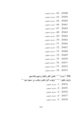 533
30458
.
63
-
.‫ضعيف‬ ‫حديث‬
30459
.
64
-
.‫ضعيف‬ ‫حديث‬
30460
.
65
-
.‫ضعيف‬ ‫حديث‬
30461
.
66
-
.‫ضعيف‬ ‫حديث‬
30462
.
67
-
.‫ضعيف‬ ‫حديث‬
30463
.
68
-
.‫ضعيف‬ ‫حديث‬
30464
.
69
-
.‫ضعيف‬ ‫حديث‬
30465
.
70
-
‫حديث‬
.‫ضعيف‬
30466
.
71
-
.‫ضعيف‬ ‫حديث‬
30467
.
72
-
.‫ضعيف‬ ‫حديث‬
30468
.
73
-
.‫ضعيف‬ ‫حديث‬
30469
.
74
-
.‫ضعيف‬ ‫حديث‬
30470
.
75
-
.‫ضعيف‬ ‫حديث‬
30471
.
76
-
.‫ضعيف‬ ‫حديث‬
30472
.
77
-
.‫ضعيف‬ ‫حديث‬
30473
.
78
-
.‫ضعيف‬ ‫حديث‬
(
94
‫وجمالستهم‬ ‫وحبهم‬ ‫اء‬‫ر‬‫والفق‬ ‫الفقر‬ ‫(فضل‬ " * * )‫(ابب‬ * )
* " )‫هبم‬ ‫استهان‬ ‫من‬ ‫وعقاب‬ ‫اء‬‫ر‬‫الفق‬ ‫ام‬‫ر‬‫اك‬ ‫(وثواب‬ " * * " )‫ابلفقر‬ ‫والرضا‬
30474
.
1
-
.‫ضعيف‬ ‫حديث‬
30475
.
2
-
.‫ضعيف‬ ‫حديث‬
30476
.
3
-
.‫ضعيف‬ ‫حديث‬
30477
.
4
-
.‫ضعيف‬ ‫حديث‬
30478
.
5
-
.‫ضعيف‬ ‫حديث‬
 