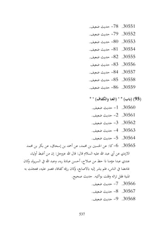 537
30551
.
78
-
.‫ضعيف‬ ‫حديث‬
30552
.
79
-
.‫ضعيف‬ ‫حديث‬
30553
.
80
-
.‫ضعيف‬ ‫حديث‬
30554
.
81
-
.‫ضعيف‬ ‫حديث‬
30555
.
82
-
.‫ضعيف‬ ‫حديث‬
30556
.
83
-
‫ضعيف‬ ‫حديث‬
30557
.
84
-
.‫ضعيف‬ ‫حديث‬
30558
.
85
-
.‫ضعيف‬ ‫حديث‬
30559
.
86
-
.‫ضعيف‬ ‫حديث‬
(
95
* " )‫والكفاف‬ ‫(الغنا‬ " * )‫(ابب‬ )
30560
.
1
-
.‫ضعيف‬ ‫حديث‬
30561
.
2
-
.‫ضعيف‬ ‫حديث‬
30562
.
3
-
.‫ضعيف‬ ‫حديث‬
30563
.
4
-
.‫ضعيف‬ ‫حديث‬
30564
.
5
-
.‫ضعيف‬ ‫حديث‬
30565
.
6
-
‫عن‬ ،‫حممد‬ ‫بن‬ ‫احلسني‬ ‫عن‬ :‫كا‬
‫حممد‬ ‫بن‬ ‫بكر‬ ‫عن‬ ،‫إسحاق‬ ‫بن‬ ‫أمحد‬
‫لياء‬‫و‬‫أ‬ ‫أغبط‬ ‫من‬ ‫إن‬ :‫عزوجل‬ ‫هللا‬ ‫قال‬ :‫قال‬ ‫السالم‬ ‫عليه‬ ‫هللا‬ ‫عبد‬ ‫أيب‬ ‫عن‬ ‫االزدي‬
‫كان‬
‫و‬ ،‫يرة‬‫ر‬‫الس‬ ‫يف‬ ‫هللا‬ ‫وعبد‬ ،‫به‬‫ر‬ ‫عبادة‬ ‫أحسن‬ ،‫صالح‬ ‫من‬ ‫حظ‬ ‫ذا‬ ‫مؤمنا‬ ‫عبدا‬ ‫عندي‬
‫به‬ ‫فعجلت‬ ،‫عليه‬ ‫فصرب‬ ،‫كفافا‬‫رزقه‬ ‫كان‬
‫و‬ ،‫ابالصابع‬ ‫إليه‬ ‫يشر‬ ‫فلم‬ ،‫الناس‬ ‫يف‬ ‫غامضا‬
‫امل‬
.‫صحيح‬ ‫حديث‬ .‫اكيه‬‫و‬‫ب‬ ‫وقلت‬ ‫اثه‬‫ر‬‫ت‬ ‫فقل‬ ‫نية‬
30566
.
7
-
.‫ضعيف‬ ‫حديث‬
30567
.
8
-
.‫ضعيف‬ ‫حديث‬
30568
.
9
-
.‫ضعيف‬ ‫حديث‬
 