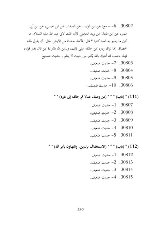 550
30802
.
6
-
-
‫أيب‬ ‫ابن‬ ‫عن‬ ،‫عيسى‬ ‫ابن‬ ‫عن‬ ،‫الصفار‬ ‫عن‬ ،‫الوليد‬ ‫ابن‬ ‫عن‬ :‫مع‬
‫ما‬ :‫السالم‬ ‫عليه‬ ‫هللا‬ ‫عبد‬ ‫اليب‬ ‫قلت‬ :‫قال‬ ‫العجلي‬ ‫يد‬‫ر‬‫ب‬ ‫عن‬ ،‫اذينة‬ ‫ابن‬ ‫عن‬ ،‫عمري‬
‫هلذه‬ ‫يقول‬ ‫أن‬ :‫فقال‬ ‫االرض‬ ‫من‬ ‫حصاة‬ ‫فأخذ‬ :‫قال‬ ‫؟‬ ‫ا‬‫ر‬‫كاف‬‫العبد‬ ‫به‬ ‫يصري‬ ‫ما‬ ‫أدىن‬
‫هللا‬ ‫ويدين‬ ،‫ذلك‬ ‫على‬ ‫خالفه‬ ‫ممن‬ ‫ويربء‬ ،‫اة‬‫و‬‫ن‬ ‫إهنا‬ :‫احلصاة‬
،‫له‬‫و‬‫ق‬ ‫بغري‬ ‫قال‬ ‫ممن‬ ‫اءة‬‫رب‬‫ابل‬
.‫صحيح‬ ‫حديث‬ . ‫يعلم‬ ‫ال‬ ‫حيث‬ ‫من‬ ‫كفر‬
‫و‬ ‫ابهلل‬ ‫أشرك‬ ‫قد‬ ‫انصب‬ ‫فهذا‬
30803
.
7
-
.‫ضعيف‬ ‫حديث‬
30804
.
8
-
.‫ضعيف‬ ‫حديث‬
30805
.
9
-
.‫ضعيف‬ ‫حديث‬
30806
.
10
-
.‫ضعيف‬ ‫حديث‬
(
111
* " )‫غريه‬ ‫إىل‬ ‫خالفه‬ ‫مث‬ ‫عدال‬ ‫وصف‬ ‫(من‬ " * * )‫(ابب‬ * )
30807
.
1
-
.‫ضعيف‬ ‫حديث‬
30808
.
2
-
.‫ضعيف‬ ‫حديث‬
30809
.
3
-
.‫ضعيف‬ ‫حديث‬
30810
.
4
-
.‫ضعيف‬ ‫حديث‬
30811
.
5
-
.‫ضعيف‬ ‫حديث‬
(
112
* " )‫هللا‬ ‫أبمر‬ ‫والتهاون‬ ،‫ابلدين‬ ‫(االستخفاف‬ " * * )‫(ابب‬ * )
30812
.
1
-
.‫ضعيف‬ ‫حديث‬
30813
.
2
-
.‫ضعيف‬ ‫حديث‬
30814
.
3
-
.‫ضعيف‬ ‫حديث‬
30815
.
4
-
.‫ضعيف‬ ‫حديث‬
 