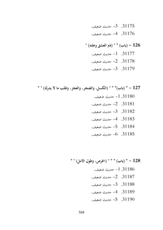 568
31175
.
3
-
.‫ضعيف‬ ‫حديث‬
31176
.
4
-
.‫ضعيف‬ ‫حديث‬
126
-
" )‫وعلته‬ ‫العشق‬ ‫(ذم‬ " * )‫(ابب‬
31177
.
1
-
.‫ضعيف‬ ‫حديث‬
31178
.
2
-
.‫ضعيف‬ ‫حديث‬
31179
.
3
-
.‫ضعيف‬ ‫حديث‬
127
-
" * *)‫(ابب‬ *
* " )‫يدرك‬ ‫ال‬ ‫ما‬ ‫وطلب‬ ،‫والعجز‬ ،‫والضجر‬ ،‫(الكسل‬
31180
.
1
-
.‫ضعيف‬ ‫حديث‬
31181
.
2
-
.‫ضعيف‬ ‫حديث‬
31182
.
3
-
.‫ضعيف‬ ‫حديث‬
31183
.
4
-
.‫ضعيف‬ ‫حديث‬
31184
.
5
-
.‫ضعيف‬ ‫حديث‬
31185
.
6
-
.‫ضعيف‬ ‫حديث‬
128
-
* " )‫االمل‬ ‫وطول‬ ،‫(احلرص‬ " * * )‫(ابب‬ *
31186
.
1
-
.‫ضعيف‬ ‫حديث‬
31187
.
2
-
.‫ضعيف‬ ‫حديث‬
31188
.
3
-
.‫ضعيف‬ ‫حديث‬
31189
.
4
-
.‫ضعيف‬ ‫حديث‬
31190
.
5
-
.‫ضعيف‬ ‫حديث‬
 