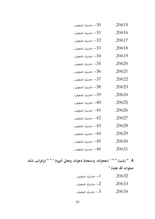 55
20615
.
30
-
.‫ضعيف‬ ‫حديث‬
20616
.
31
-
.‫ضعيف‬ ‫حديث‬
20617
.
32
-
.‫ضعيف‬ ‫حديث‬
20618
.
33
-
.‫ضعيف‬ ‫حديث‬
20619
.
34
-
.‫ضعيف‬ ‫حديث‬
20620
.
35
-
.‫ضعيف‬ ‫حديث‬
20621
.
36
-
.‫ضعيف‬ ‫حديث‬
20622
.
37
-
.‫ضعيف‬ ‫حديث‬
20623
.
38
-
.‫ضعيف‬ ‫حديث‬
20624
.
39
-
.‫ضعيف‬ ‫حديث‬
20625
.
40
-
.‫ضعيف‬ ‫حديث‬
20626
.
41
-
.‫ضعيف‬ ‫حديث‬
20627
.
42
-
.‫ضعيف‬ ‫حديث‬
20628
.
43
-
.‫ضعيف‬ ‫حديث‬
20629
.
44
-
.‫ضعيف‬ ‫حديث‬
20630
.
45
-
.‫ضعيف‬ ‫حديث‬
20631
.
46
-
.‫ضعيف‬ ‫حديث‬
4
‫شأنه‬ ‫ائب‬‫ر‬‫(وغ‬ * * " )‫أموره‬ ‫ومعاىل‬ ،‫دعواته‬ ‫واستجابة‬ ،‫اته‬‫ز‬‫(معج‬ " * * )‫(ابب‬ * .
* )‫عليه‬ ‫هللا‬ ‫صلوات‬
20632
.
1
-
.‫ضعيف‬ ‫حديث‬
20633
.
2
-
.‫ضعيف‬ ‫حديث‬
20634
.
3
-
.‫ضعيف‬ ‫حديث‬
 