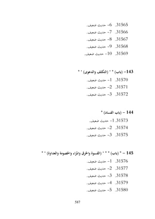587
31565
.
6
-
.‫ضعيف‬ ‫حديث‬
31566
.
7
-
.‫ضعيف‬ ‫حديث‬
31567
.
8
-
.‫ضعيف‬ ‫حديث‬
31568
.
9
-
.‫ضعيف‬ ‫حديث‬
31569
.
10
-
.‫ضعيف‬ ‫حديث‬
143
-
* " )‫والدعوى‬ ‫(التكلف‬ " * )‫(ابب‬
31570
.
1
-
.‫ضعيف‬ ‫حديث‬
31571
.
2
-
.‫ضعيف‬ ‫حديث‬
31572
.
3
-
.‫ضعيف‬ ‫حديث‬
144
-
* )‫الفساد‬ ‫(ابب‬
31573
.
1
-
.‫ضعيف‬ ‫حديث‬
31574
.
2
-
.‫ضعيف‬ ‫حديث‬
31575
.
3
-
.‫ضعيف‬ ‫حديث‬
145
-
‫واخلرق‬ ‫(القسوة‬ " * * )‫(ابب‬ *
* " )‫والعداوة‬ ‫واخلصومة‬ ‫اء‬‫ر‬‫وامل‬
31576
.
1
-
.‫ضعيف‬ ‫حديث‬
31577
.
2
-
.‫ضعيف‬ ‫حديث‬
31578
.
3
-
.‫ضعيف‬ ‫حديث‬
31579
.
4
-
.‫ضعيف‬ ‫حديث‬
31580
.
5
-
.‫ضعيف‬ ‫حديث‬
 