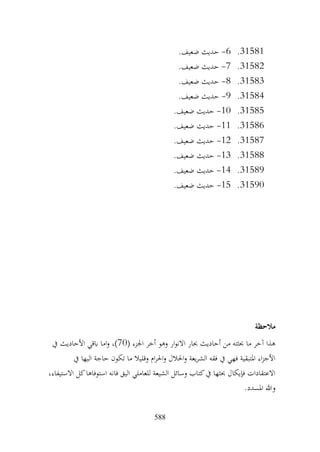 588
31581
.
6
-
.‫ضعيف‬ ‫حديث‬
31582
.
7
-
.‫ضعيف‬ ‫حديث‬
31583
.
8
-
.‫ضعيف‬ ‫حديث‬
31584
.
9
-
.‫ضعيف‬ ‫حديث‬
31585
.
10
-
.‫ضعيف‬ ‫حديث‬
31586
.
11
-
.‫ضعيف‬ ‫حديث‬
31587
.
12
-
.‫ضعيف‬ ‫حديث‬
31588
.
13
-
.‫ضعيف‬ ‫حديث‬
31589
.
14
-
.‫ضعيف‬ ‫حديث‬
31590
.
15
-
.‫ضعيف‬ ‫حديث‬
‫مالحظة‬
( ‫اجلزء‬ ‫أخر‬ ‫وهو‬ ‫ار‬‫و‬‫االن‬ ‫حبار‬ ‫أحاديث‬ ‫من‬ ‫حبثته‬ ‫ما‬ ‫آخر‬ ‫هذا‬
70
‫ابقي‬ ‫اما‬‫و‬ ،)
‫األحاديث‬
‫يف‬
‫يف‬ ‫اليها‬ ‫حاجة‬ ‫تكون‬ ‫ما‬ ‫وقليال‬ ‫ام‬‫ر‬‫احل‬‫و‬ ‫احلالل‬‫و‬ ‫يعة‬‫ر‬‫الش‬ ‫فقه‬ ‫يف‬ ‫فهي‬ ‫املتبقية‬ ‫اء‬‫ز‬‫األج‬
،‫االستيفاء‬ ‫كل‬‫استوفاها‬ ‫فانه‬ ‫اليق‬ ‫للعاملي‬ ‫الشيعة‬ ‫وسائل‬ ‫كتاب‬‫يف‬ ‫حبثها‬ ‫فإيكال‬ ‫االعتقادات‬
.‫املسدد‬ ‫وهللا‬
 