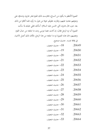 57
‫على‬ ‫وندماؤه‬ ‫هارون‬ ‫فخر‬ ‫املعزم‬ ‫ذلك‬ ‫فافرتست‬ ،‫السباع‬ ‫من‬ ‫يكون‬ ‫ما‬ ‫كأعظم‬‫الصورة‬
‫ذلك‬ ‫من‬ ‫ا‬‫و‬‫أفاق‬ ‫فلما‬ ،‫أوه‬‫ر‬ ‫ما‬ ‫هول‬ ‫من‬ ‫خوفا‬ ‫عقوهلم‬ ‫وطارت‬ ،‫عليهم‬ ‫مغشيا‬ ‫وجوههم‬
‫سألت‬ ‫ملا‬ ‫عليك‬ ‫حبقي‬ ‫أسألك‬ :‫السالم‬ ‫عليه‬ ‫احلسن‬ ‫اليب‬ ‫هارون‬ ‫قال‬ ،‫حني‬ ‫بعد‬
‫موسى‬ ‫عصا‬ ‫كانت‬‫إن‬ :‫فقال‬ ‫الرجل‬ ‫ترد‬ ‫أن‬ ‫الصورة‬
‫القوم‬ ‫حبال‬ ‫من‬ ‫ابتلعته‬ ‫ما‬ ‫ردت‬
‫االشياء‬ ‫أعمل‬ ‫ذلك‬ ‫فكان‬ ،‫الرجل‬ ‫هذا‬ ‫من‬ ‫ابتلعته‬ ‫ما‬ ‫ترد‬ ‫الصورة‬ ‫هذه‬ ‫فان‬ ،‫وعصيهم‬
.‫صحيح‬ ‫حديث‬ .‫نفسه‬ ‫إفاقة‬ ‫يف‬
20649
.
18
-
.‫ضعيف‬ ‫حديث‬
20650
.
19
-
.‫ضعيف‬ ‫حديث‬
20651
.
20
-
.‫ضعيف‬ ‫حديث‬
20652
.
21
-
.‫ضعيف‬ ‫حديث‬
20653
.
22
-
.‫ضعيف‬ ‫حديث‬
20654
.
23
-
.‫ضعيف‬ ‫حديث‬
20655
.
24
-
.‫ضعيف‬ ‫حديث‬
20656
.
25
-
.‫ضعيف‬ ‫حديث‬
20657
.
26
-
.‫ضعيف‬ ‫حديث‬
20658
.
27
-
.‫ضعيف‬ ‫حديث‬
20659
.
28
-
.‫ضعيف‬ ‫حديث‬
20660
.
29
-
.‫ضعيف‬ ‫حديث‬
20661
.
30
-
.‫ضعيف‬ ‫حديث‬
20662
.
31
-
.‫ضعيف‬ ‫حديث‬
20663
.
32
-
.‫ضعيف‬ ‫حديث‬
20664
.
33
-
.‫ضعيف‬ ‫حديث‬
 