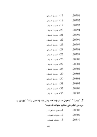 64
20791
.
17
-
.‫ضعيف‬ ‫حديث‬
20792
.
18
-
.‫ضعيف‬ ‫حديث‬
20793
.
19
-
.‫ضعيف‬ ‫حديث‬
20794
.
20
-
.‫ضعيف‬ ‫حديث‬
20795
.
21
-
.‫ضعيف‬ ‫حديث‬
20796
.
22
-
.‫ضعيف‬ ‫حديث‬
20797
.
23
-
.‫ضعيف‬ ‫حديث‬
20798
.
24
-
.‫ضعيف‬ ‫حديث‬
20799
.
25
-
.‫ضعيف‬ ‫حديث‬
20800
.
26
-
.‫ضعيف‬ ‫حديث‬
20801
.
27
-
.‫ضعيف‬ ‫حديث‬
20802
.
28
-
.‫ضعيف‬ ‫حديث‬
20803
.
29
-
.‫ضعيف‬ ‫حديث‬
20804
.
30
-
.‫ضعيف‬ ‫حديث‬
20805
.
31
-
.‫ضعيف‬ ‫حديث‬
20806
.
32
-
.‫ضعيف‬ ‫حديث‬
20807
.
33
-
.‫ضعيف‬ ‫حديث‬
7
‫وما‬ ‫(وبينهم‬ " " )‫بينه‬ ‫جرى‬ ‫وما‬ ‫زمانه‬ ‫واهل‬ ‫واصحابه‬ ‫عشائره‬ ‫(احوال‬ " * )‫(ابب‬ * .
" )‫عليه‬ ‫هللا‬ ‫صلوات‬ ‫عشائره‬ ‫على‬ ‫الظلم‬ ‫من‬ ‫جرى‬
20808
.
1
-
.‫ضعيف‬ ‫حديث‬
20809
.
2
-
.‫ضعيف‬ ‫حديث‬
20810
.
3
-
.‫ضعيف‬ ‫حديث‬
 