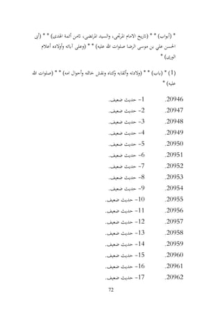 72
‫(أىب‬ * * )‫اهلدى‬ ‫أئمة‬ ‫اثمن‬ ،‫تضى‬‫ر‬‫امل‬ ‫السيد‬‫و‬ ،‫املرجتى‬ ‫االمام‬ ‫يخ‬‫ر‬‫(ات‬ * * )‫اب‬‫و‬‫(أب‬ *
‫أعالم‬ ‫أوالده‬‫و‬ ‫آابئه‬ ‫(وعلى‬ * * )‫عليه‬ ‫هللا‬ ‫ات‬‫و‬‫صل‬ ‫الرضا‬ ‫موسى‬ ‫بن‬ ‫علي‬ ‫احلسن‬
* )‫الورى‬
(
1
‫هللا‬ ‫ات‬‫و‬‫(صل‬ * * )‫امه‬ ‫ال‬‫و‬‫أح‬‫و‬ ‫خامته‬ ‫ونقش‬ ‫كناه‬
‫و‬ ‫ألقابه‬‫و‬ ‫(والدته‬ * * )‫(ابب‬ * )
* )‫عليه‬
20946
.
1
-
.‫ضعيف‬ ‫حديث‬
20947
.
2
-
.‫ضعيف‬ ‫حديث‬
20948
.
3
-
.‫ضعيف‬ ‫حديث‬
20949
.
4
-
.‫ضعيف‬ ‫حديث‬
20950
.
5
-
.‫ضعيف‬ ‫حديث‬
20951
.
6
-
.‫ضعيف‬ ‫حديث‬
20952
.
7
-
.‫ضعيف‬ ‫حديث‬
20953
.
8
-
.‫ضعيف‬ ‫حديث‬
20954
.
9
-
‫حديث‬
.‫ضعيف‬
20955
.
10
-
.‫ضعيف‬ ‫حديث‬
20956
.
11
-
.‫ضعيف‬ ‫حديث‬
20957
.
12
-
.‫ضعيف‬ ‫حديث‬
20958
.
13
-
.‫ضعيف‬ ‫حديث‬
20959
.
14
-
.‫ضعيف‬ ‫حديث‬
20960
.
15
-
.‫ضعيف‬ ‫حديث‬
20961
.
16
-
.‫ضعيف‬ ‫حديث‬
20962
.
17
-
.‫ضعيف‬ ‫حديث‬
 