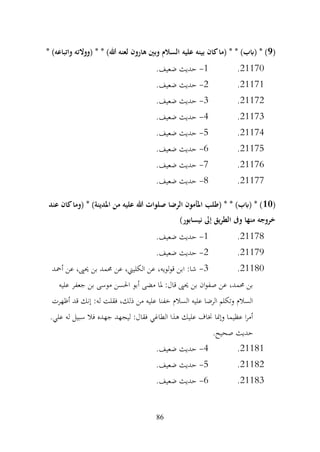 86
(
9
‫عليه‬ ‫بينه‬ ‫كان‬‫(ما‬ * * )‫(ابب‬ * )
* )‫واتباعه‬ ‫(ووالته‬ * * )‫هللا‬ ‫لعنه‬ ‫هارون‬ ‫وبني‬ ‫السالم‬
21170
.
1
-
.‫ضعيف‬ ‫حديث‬
21171
.
2
-
.‫ضعيف‬ ‫حديث‬
21172
.
3
-
.‫ضعيف‬ ‫حديث‬
21173
.
4
-
.‫ضعيف‬ ‫حديث‬
21174
.
5
-
.‫ضعيف‬ ‫حديث‬
21175
.
6
-
.‫ضعيف‬ ‫حديث‬
21176
.
7
-
.‫ضعيف‬ ‫حديث‬
21177
.
8
-
.‫ضعيف‬ ‫حديث‬
(
10
‫عند‬ ‫كان‬‫(وما‬ * )‫املدينة‬ ‫من‬ ‫عليه‬ ‫هللا‬ ‫صلوات‬ ‫الرضا‬ ‫املأمون‬ ‫(طلب‬ * * )‫(ابب‬ * )
)‫نيسابور‬ ‫إىل‬ ‫يق‬‫ر‬‫الط‬ ‫وىف‬ ‫منها‬ ‫خروجه‬
21178
.
1
-
.‫ضعيف‬ ‫حديث‬
21179
.
2
-
.‫ضعيف‬ ‫حديث‬
21180
.
3
-
‫أمحد‬ ‫عن‬ ،‫حيىي‬ ‫بن‬ ‫حممد‬ ‫عن‬ ،‫الكليين‬ ‫عن‬ ،‫لويه‬‫و‬‫ق‬ ‫ابن‬ :‫شا‬
‫عليه‬ ‫جعفر‬ ‫بن‬ ‫موسى‬ ‫احلسن‬ ‫أبو‬ ‫مضى‬ ‫ملا‬ :‫قال‬ ‫حيىي‬ ‫بن‬ ‫ان‬‫و‬‫صف‬ ‫عن‬ ،‫حممد‬ ‫بن‬
‫أظهرت‬ ‫قد‬ ‫إنك‬ :‫له‬ ‫فقلت‬ ،‫ذلك‬ ‫من‬ ‫عليه‬ ‫خفنا‬ ‫السالم‬ ‫عليه‬ ‫الرضا‬ ‫وتكلم‬ ‫السالم‬
‫سبيل‬ ‫فال‬ ‫جهده‬ ‫ليجهد‬ :‫فقال‬ ‫الطاغي‬ ‫هذا‬ ‫عليك‬ ‫خناف‬ ‫وإمنا‬ ‫عظيما‬ ‫ا‬‫ر‬‫أم‬
.‫علي‬ ‫له‬
.‫صحيح‬ ‫حديث‬
21181
.
4
-
.‫ضعيف‬ ‫حديث‬
21182
.
5
-
.‫ضعيف‬ ‫حديث‬
21183
.
6
-
.‫ضعيف‬ ‫حديث‬
 