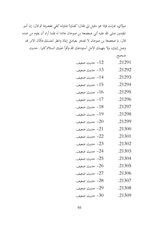 93
‫أمري‬ ‫إن‬ :‫قال‬ ‫مث‬ ‫فعصرها‬ ‫كفي‬‫لته‬‫و‬‫فنا‬ !‫كفك‬:‫فقال‬ ‫إيل‬ ‫مقبل‬ ‫هو‬ ‫فإذا‬ ‫لت‬‫ز‬‫فن‬ ،‫موالي‬
‫عنده‬ ‫من‬ ‫يقوم‬ ‫أن‬ ‫اد‬‫ر‬‫أ‬ ‫فلما‬ ‫له‬ ‫عائدا‬ ‫صوحان‬ ‫بن‬ ‫صعصعة‬ ‫أتى‬ ‫عليه‬ ‫هللا‬ ‫صلى‬ ‫املؤمنني‬
‫قد‬ ‫االمر‬ ‫فكأن‬ ‫لنفسك‬ ‫انظر‬‫و‬ ‫إايك‬ ‫بعياديت‬ ‫تفتخر‬ ‫ال‬ ‫صوحان‬ ‫بن‬ ‫صعصعة‬ ‫اي‬ :‫قال‬
‫أستود‬ ‫االمل‬ ‫يلهينك‬ ‫وال‬ ،‫إليك‬ ‫وصل‬
‫حديث‬ .‫ا‬‫ري‬‫كث‬‫السالم‬ ‫عليك‬ ‫أ‬‫ر‬‫أق‬‫و‬ ‫هللا‬ ‫عك‬
.‫صحيح‬
21291
.
12
-
.‫ضعيف‬ ‫حديث‬
21292
.
13
-
.‫ضعيف‬ ‫حديث‬
21293
.
14
-
.‫ضعيف‬ ‫حديث‬
21294
.
15
-
.‫ضعيف‬ ‫حديث‬
21295
.
16
-
.‫ضعيف‬ ‫حديث‬
21296
.
17
-
.‫ضعيف‬ ‫حديث‬
21297
.
18
-
.‫ضعيف‬ ‫حديث‬
21298
.
19
-
.‫ضعيف‬ ‫حديث‬
21299
.
20
-
.‫ضعيف‬ ‫حديث‬
21300
.
21
-
.‫ضعيف‬ ‫حديث‬
21301
.
22
-
.‫ضعيف‬ ‫حديث‬
21302
.
23
-
.‫ضعيف‬ ‫حديث‬
21303
.
24
-
.‫ضعيف‬ ‫حديث‬
21304
.
25
-
.‫ضعيف‬ ‫حديث‬
21305
.
26
-
.‫ضعيف‬ ‫حديث‬
21306
.
27
-
.‫ضعيف‬ ‫حديث‬
21307
.
28
-
.‫ضعيف‬ ‫حديث‬
21308
.
29
-
.‫ضعيف‬ ‫حديث‬
21309
.
30
-
.‫ضعيف‬ ‫حديث‬
 
