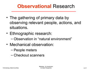 Observational  Research The gathering of primary data by observing relevant people, actions, and situations. Ethnographic research: Observation in “natural environment” Mechanical observation: People meters Checkout scanners 