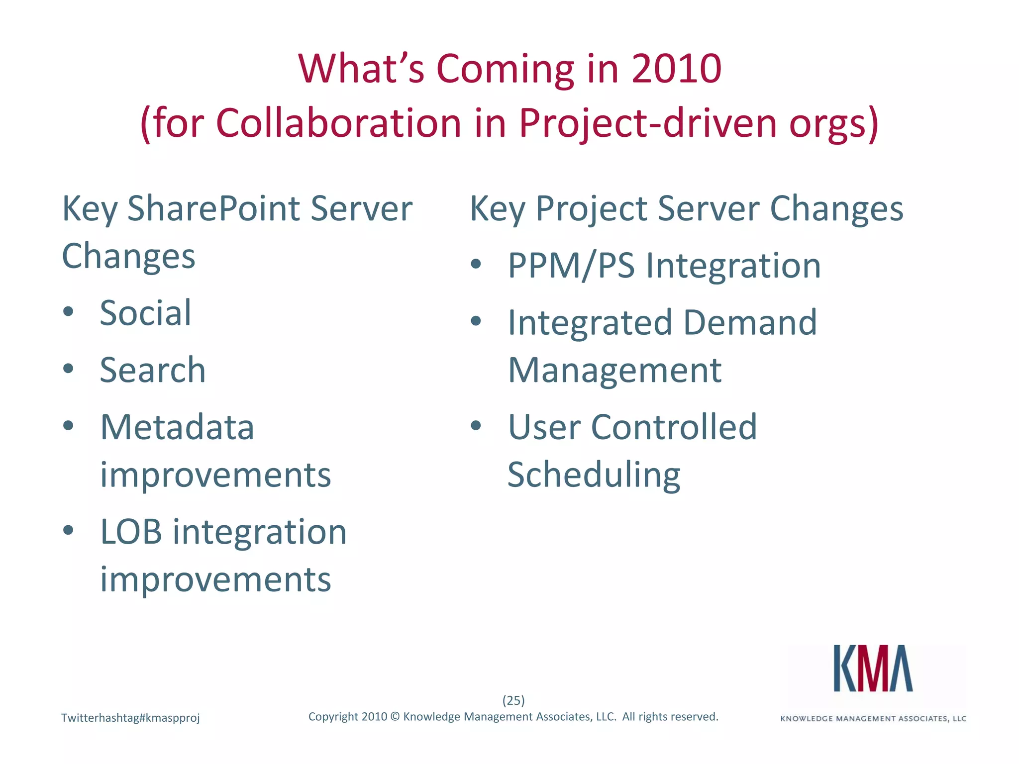 What’s Coming in 2010(for Collaboration in Project-driven orgs)Key SharePoint Server ChangesSocialSearchMetadata improvementsLOB integration improvementsKey Project Server ChangesPPM/PS IntegrationIntegrated Demand ManagementUser Controlled Scheduling