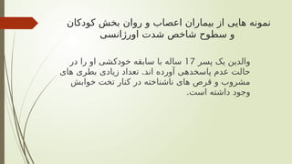 ‫کودکان‬ ‫بخش‬ ‫روان‬ ‫و‬ ‫اعصاب‬ ‫بیماران‬ ‫از‬ ‫هایی‬ ‫نمونه‬
‫اورژانسی‬ ‫شدت‬ ‫شاخص‬ ‫سطوح‬ ‫و‬
‫پسر‬ ‫یک‬ ‫والدین‬
17
‫در‬ ‫را‬ ‫او‬ ‫خودکشی‬ ‫سابقه‬ ‫با‬ ‫ساله‬
.
‫های‬ ‫بطری‬ ‫زیادی‬ ‫تعداد‬ ‫اند‬ ‫آورده‬ ‫پاسخدهی‬ ‫عدم‬ ‫حالت‬
‫خوابش‬ ‫تخت‬ ‫کنار‬ ‫در‬ ‫ناشناخته‬ ‫های‬ ‫قرص‬ ‫و‬ ‫مشروب‬
.‫است‬ ‫داشته‬ ‫وجود‬
 