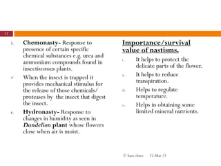 3. Chemonasty- Response to
presence of certain specific
chemical substances e.g. urea and
ammonium compounds found in
insectivorous plants.
 When the insect is trapped it
provides mechanical stimulus for
the release of those chemicals/
proteases by the insect that digest
the insect.
4. Hydronasty- Response to
changes in humidity as seen in
Dandelion plant whose flowers
close when air is moist.
Importance/survival
value of nastisms.
i. It helps to protect the
delicate parts of the flower.
ii. It helps to reduce
transpiration.
iii. Helps to regulate
temperature.
iv. Helps in obtaining some
limited mineral nutrients.
25-Mar-21
12
© Sam obare
 