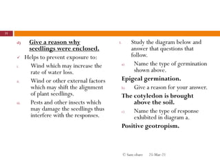 d) Give a reason why
seedlings were enclosed.
 Helps to prevent exposure to:
i. Wind which may increase the
rate of water loss.
ii. Wind or other external factors
which may shift the alignment
of plant seedlings.
iii. Pests and other insects which
may damage the seedlings thus
interfere with the responses.
3. Study the diagram below and
answer that questions that
follow.
a) Name the type of germination
shown above.
Epigeal germination.
b) Give a reason for your answer.
The cotyledon is brought
above the soil.
c) Name the type of response
exhibited in diagram a.
Positive geotropism.
25-Mar-21
31
© Sam obare
 