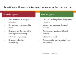 Functional differences between nervous and endocrine system.
1. Uses hormones to bring about
response.
2. Hormones are transported in
blood.
3. Responses are slow and affect
several parts of the body.
4. Effects are long-lasting.
5. Responses take place
involuntarily.
1. Uses electrical impulses to bring about
response.
2. Impulses are transported through
neurons.
3. Responses are quick, specific and
localised.
4. Effects short-lived.
5. Responses take place voluntarily and
involuntarily.
25-Mar-21
75
© Sam obare
Endocrine system. Nervous system.
 