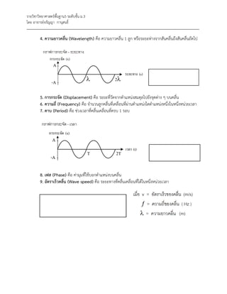 รายวิชาวิทยาศาสตร์พื้นฐาน5 ระดับชั้น ม.3
โดย อาจารย์จรัญญา กานุสนธิ์
_____________________________________________________________________________________
4. ความยาวคลื่น (Wavelength) คือ ความยาวคลื่น 1 ลูก หรือระยะห่างจากสันคลื่นถึงสันคลื่นถัดไป
5. การกระจัด (Displacement) คือ ระยะที่วัดจากตาแหน่งสมดุลไปยังจุดต่าง ๆ บนคลื่น
6. ความถี่ (Frequency) คือ จานวนลูกคลื่นที่เคลื่อนที่ผ่านตาแหน่งใดตาแหน่งหนึ่งในหนึ่งหน่วยเวลา
7. คาบ (Period) คือ ช่วงเวลาที่คลื่นเคลื่อนที่ครบ 1 รอบ
8. เฟส (Phase) คือ ค่ามุมที่ใช้บอกตาแหน่งบนคลื่น
9. อัตราเร็วคลื่น (Wave speed) คือ ระยะทางที่คลื่นเคลื่อนที่ได้ในหนึ่งหน่วยเวลา
 