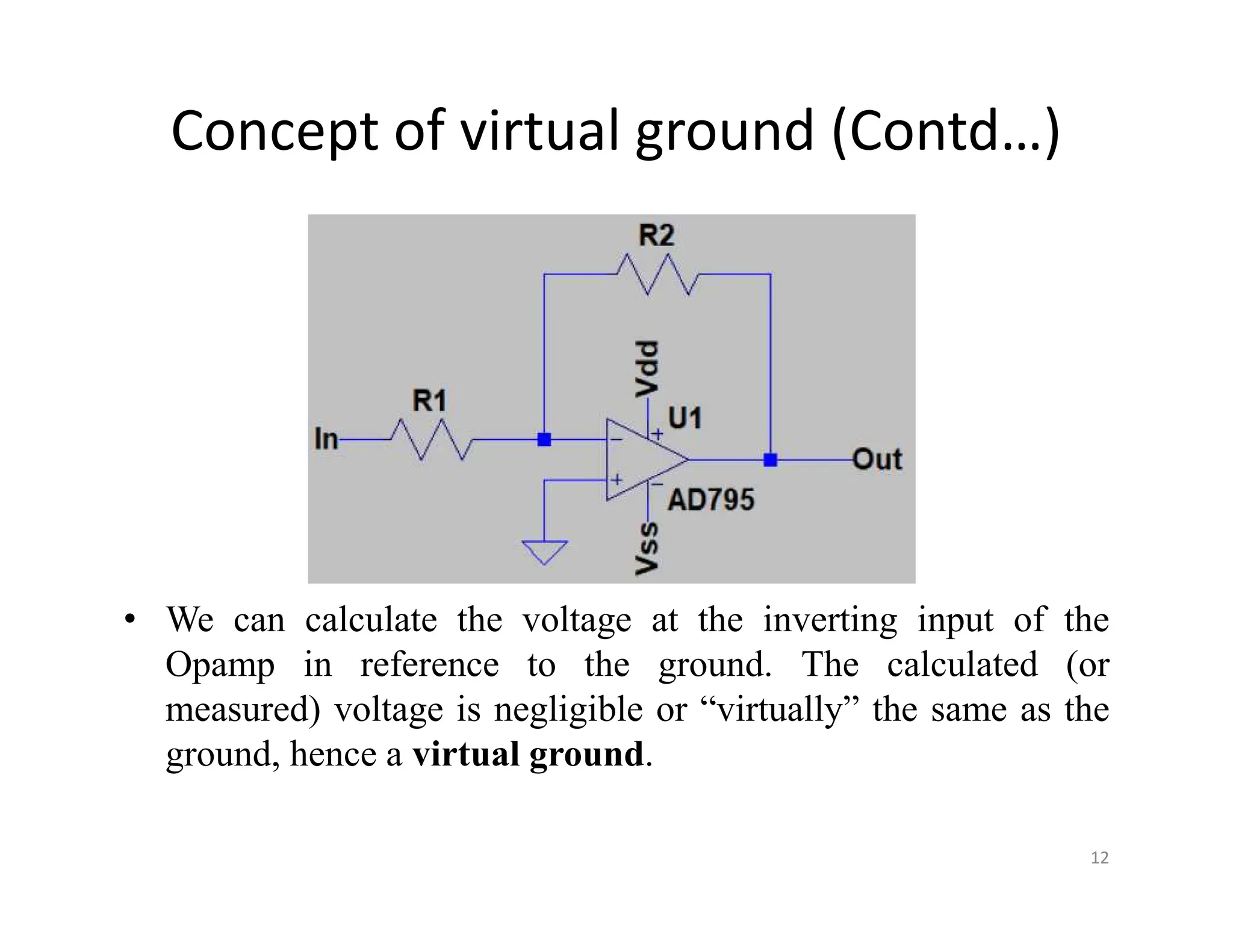 Concept of virtual ground (Contd…)
• We can calculate the voltage at the inverting input of the
Opamp in reference to the ground. The calculated (or
measured) voltage is negligible or “virtually” the same as the
ground, hence a virtual ground.
12
 