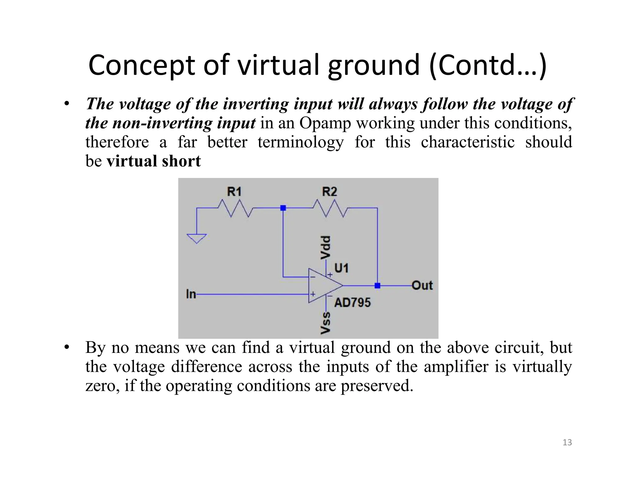 Concept of virtual ground (Contd…)
• The voltage of the inverting input will always follow the voltage of
the non-inverting input in an Opamp working under this conditions,
therefore a far better terminology for this characteristic should
be virtual short
• By no means we can find a virtual ground on the above circuit, but
the voltage difference across the inputs of the amplifier is virtually
zero, if the operating conditions are preserved.
13
 
