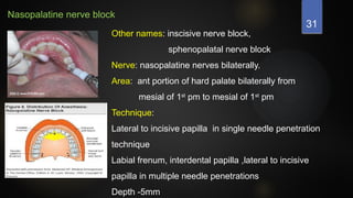 31
Nasopalatine nerve block
Other names: inscisive nerve block,
sphenopalatal nerve block
Nerve: nasopalatine nerves bilaterally.
Area: ant portion of hard palate bilaterally from
mesial of 1st
pm to mesial of 1st
pm
Technique:
Lateral to incisive papilla in single needle penetration
technique
Labial frenum, interdental papilla ,lateral to incisive
papilla in multiple needle penetrations
Depth -5mm
 